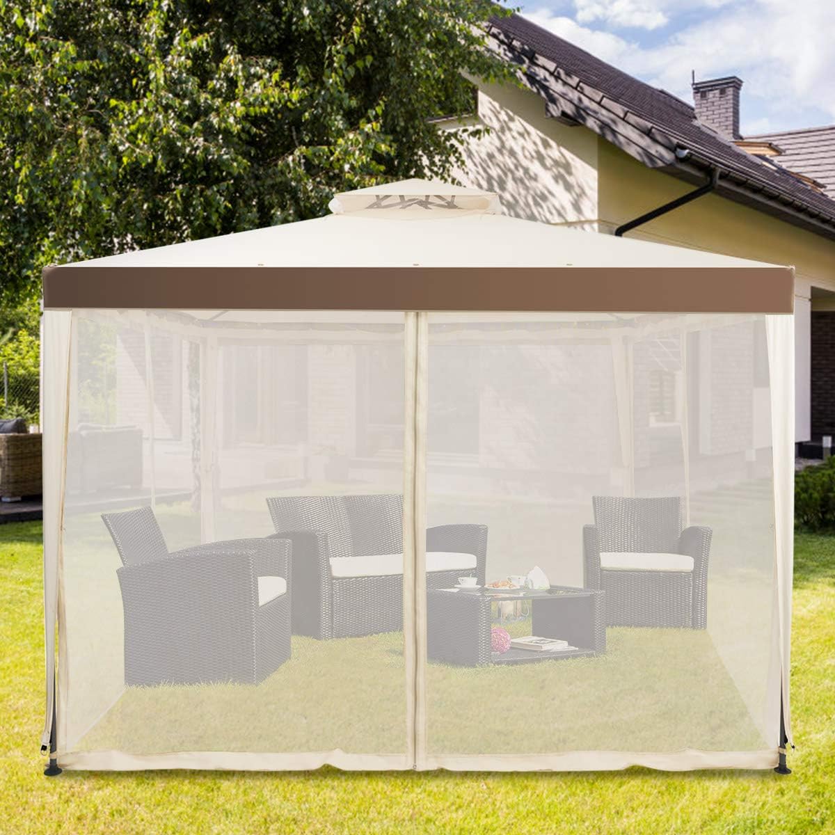 Pavillon de Jardin 3x3m UV50+, Tonnelle Autoportant Imperméable avec 4 Moustiquaires Amovibles pour Jardin/Terrasse/Réception, Beige - 4