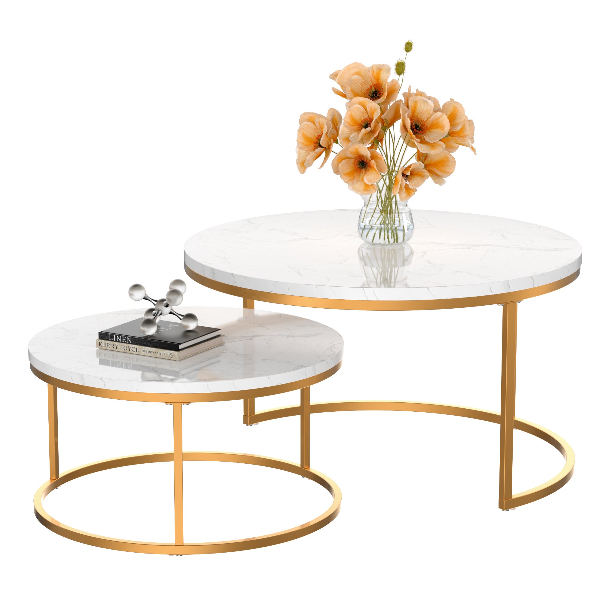 Lot de 2 Tables Basses Gigognes en MDF, Table d'Appoint pour Salon, Doré - 2