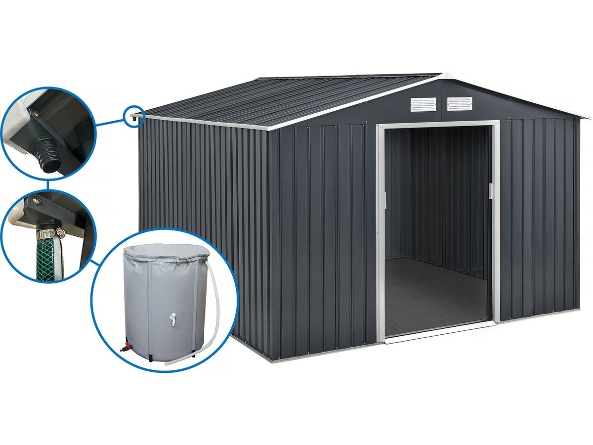 Abri de jardin métal - "Vegas"- 12.98 m² avec gouttière et récupérateur