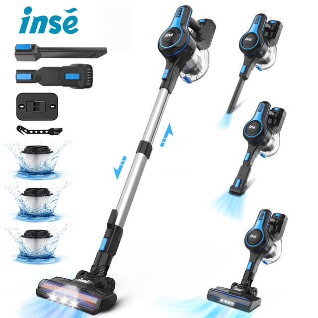 INSE Bezprzewodowy odkurzacz pionowy do sierści zwierząt, dywanów i samochodów. Niebieski, 6 w 1, 65 dB, 55 minut pracy na baterii.