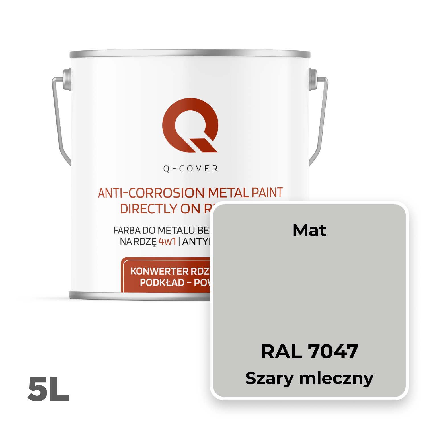 Farba do Metalu Prosto na Rdzę 4w1 Q-Cover Szary mleczny RAL7047 Mat 5L - 2