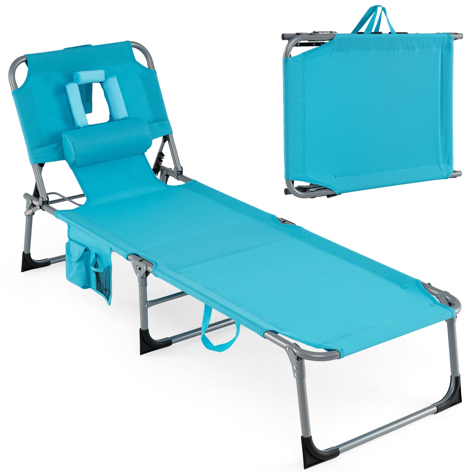 Șezlong rabatabil în 5 poziții, cu orificii față și brațe, husă și tetieră, metal și țesătură Oxford, capacitate încărcare 150 kg, turcoaz