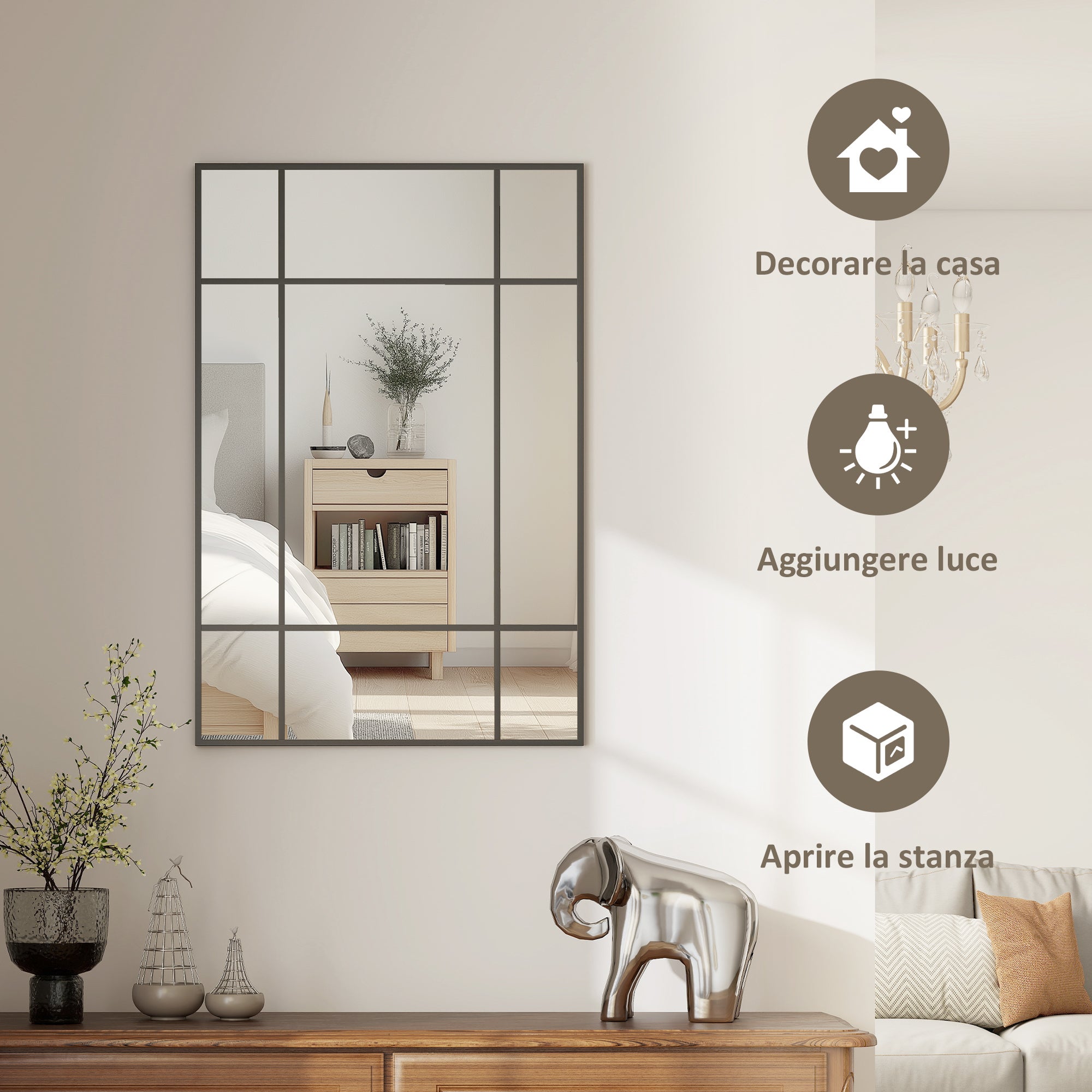 HOMCOM Specchio da Parete Stile Finestra con Montaggio Verticale e Orizzontale, 90x60 cm, Nero - 4