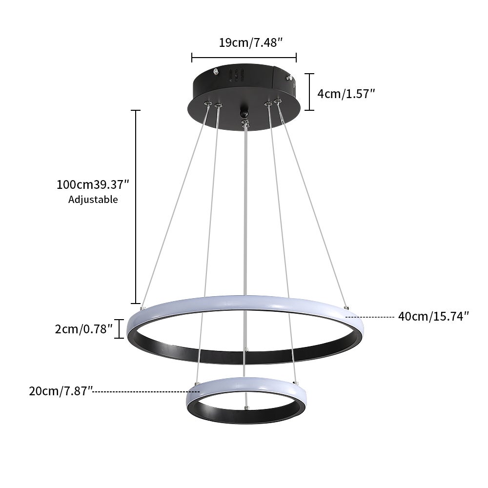 GOECO Lampadario sospeso circolare da 32W con 2 anelli regolabili, illuminazione contemporanea soggiorno Sala da pranzo - Luce bianca 6500K - Nero - 2