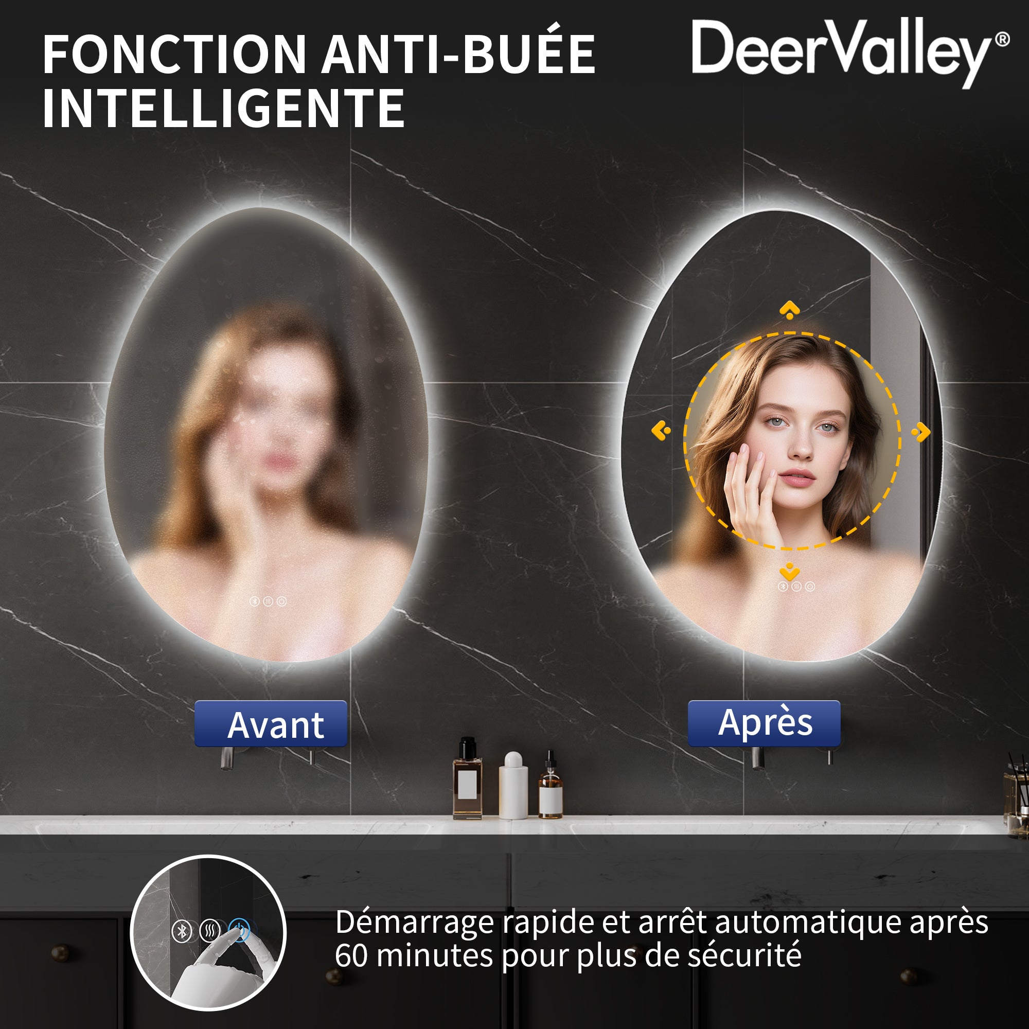 Miroir de Salle de Bain LED 50x70cm – Anti-buée, Bluetooth, 3 couleurs 3000K-6000K – Miroir lumineux salle de bain variateur & mémoire - 4