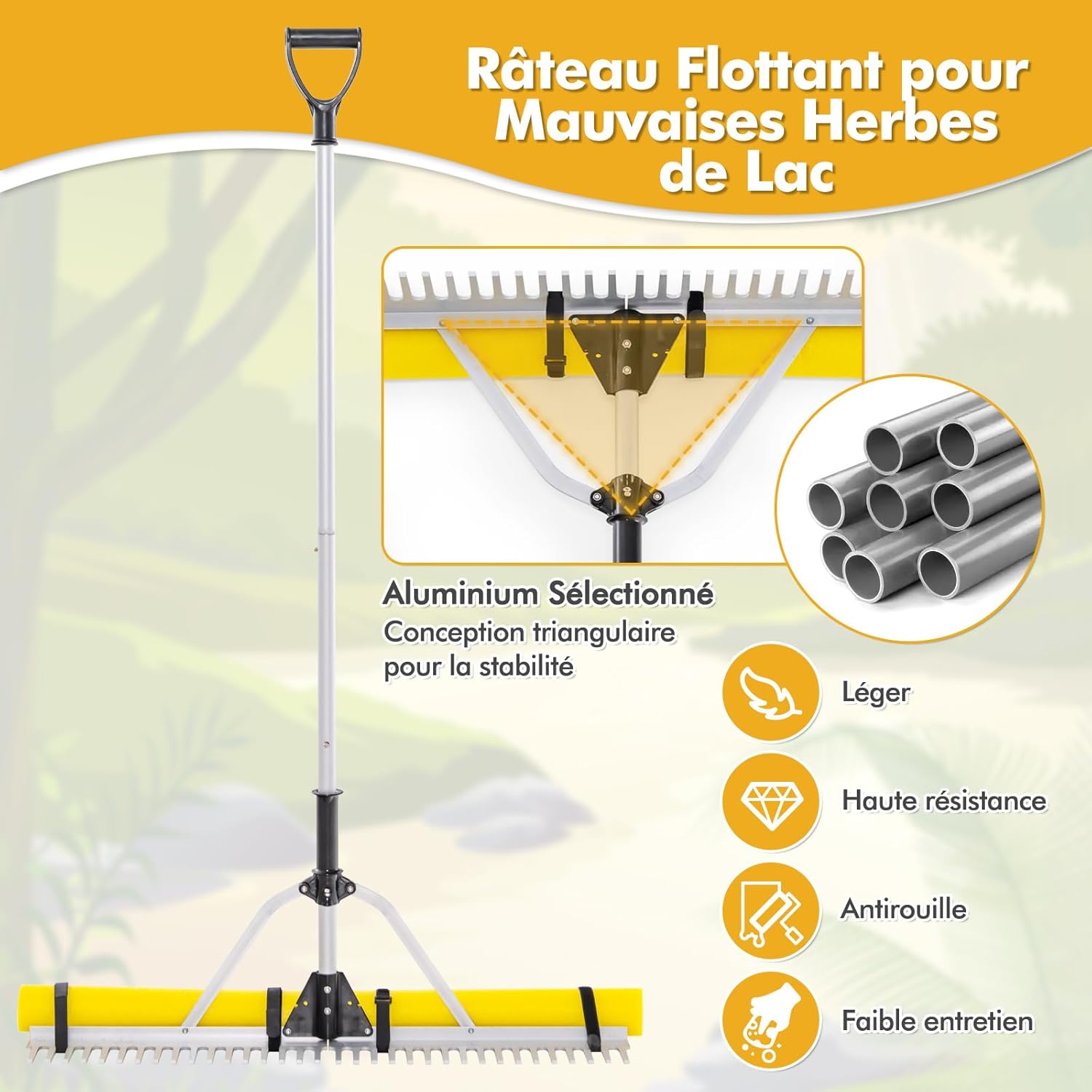 Pływający Grab do Jeziora na Chwasty 230x92CM, Składany Grab Aluminiowy, Regulowana Rączka Przedłużająca, 36 Zębów, Lina 600CM, do Trawnika, Stawu - 8