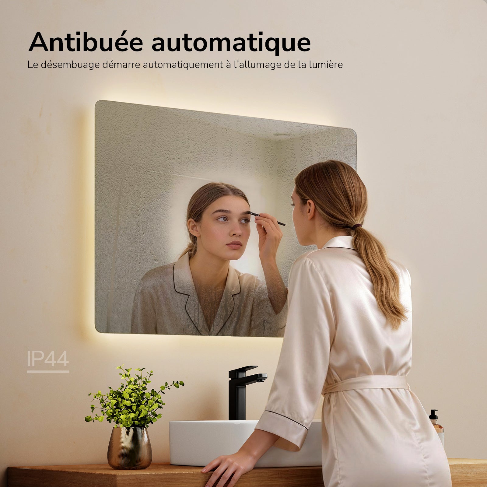 EMKE Miroir lumineux salle de bain 60x40cm Miroir avec éclairage, Interrupteur tactile, Anti-buée, Miroir LED avec Lumière Blanche Froide | Leroy Merlin