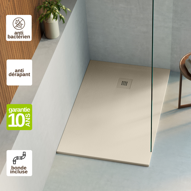 Receveur de douche 120x90 extra-plat Beige en résine minérale antidérapant effet ardoise - Thor LAVABERG