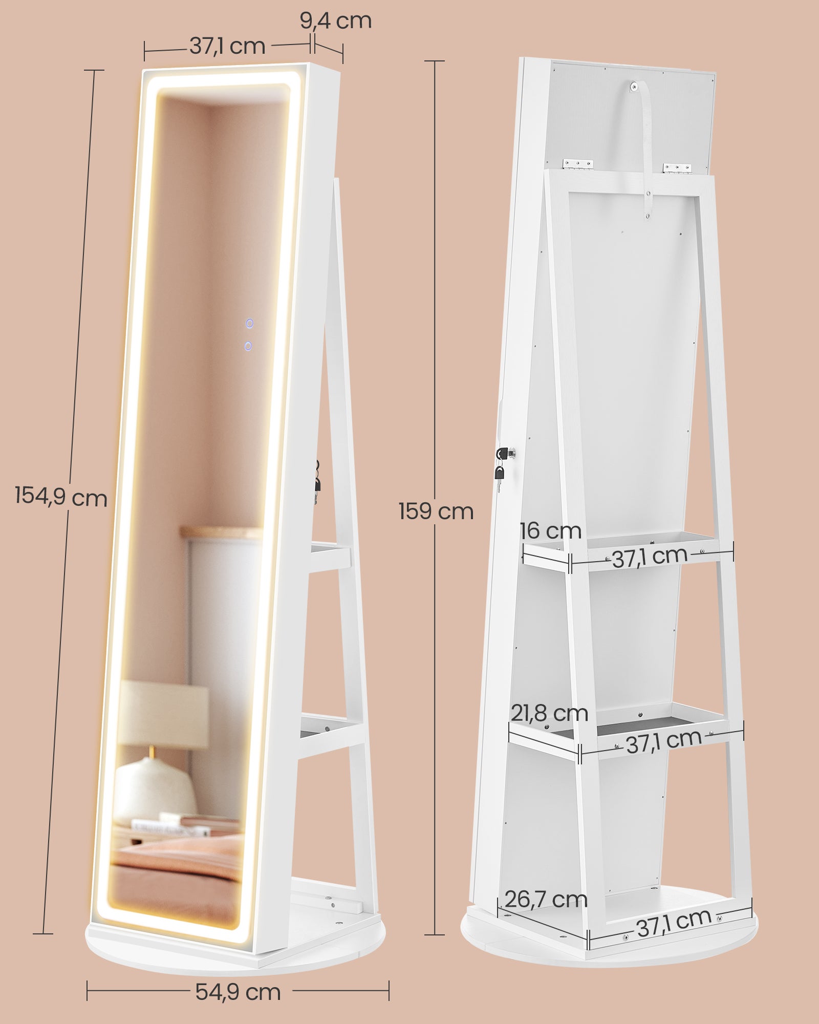 Armoire à Bijoux sur Pied, Armoire avec Miroir, avec Éclairage Réglable, Verrouillable, Pleine Longueur, Grand Espace de Rangement, Blanc Nuage - 6