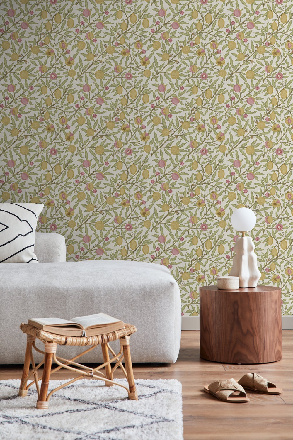 Papier peint des fruits et des feuilles exotiques vert, rose et jaune ocre - 50 x 900 cm - ESTAhome - 5