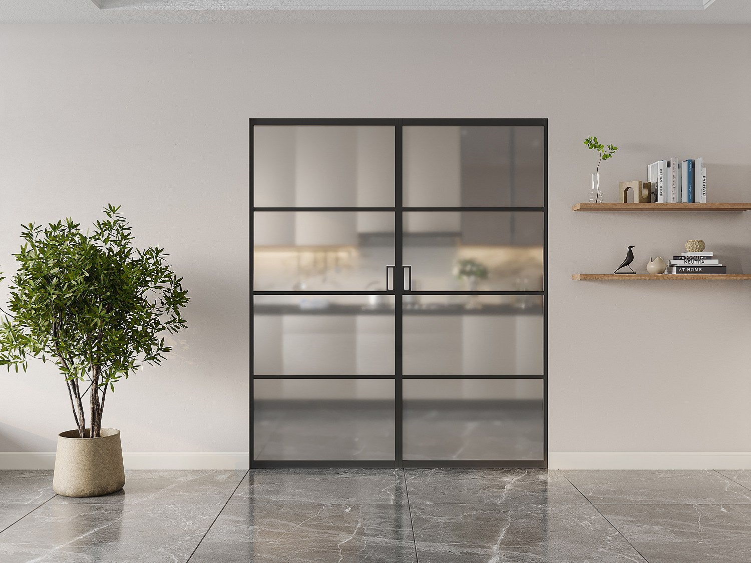 Drzwi przesuwne podwójne chowane w ścianie - aluminium i matowe szkło hartowane - 2 x wys. 205 x szer. 93 cm - SINCA II