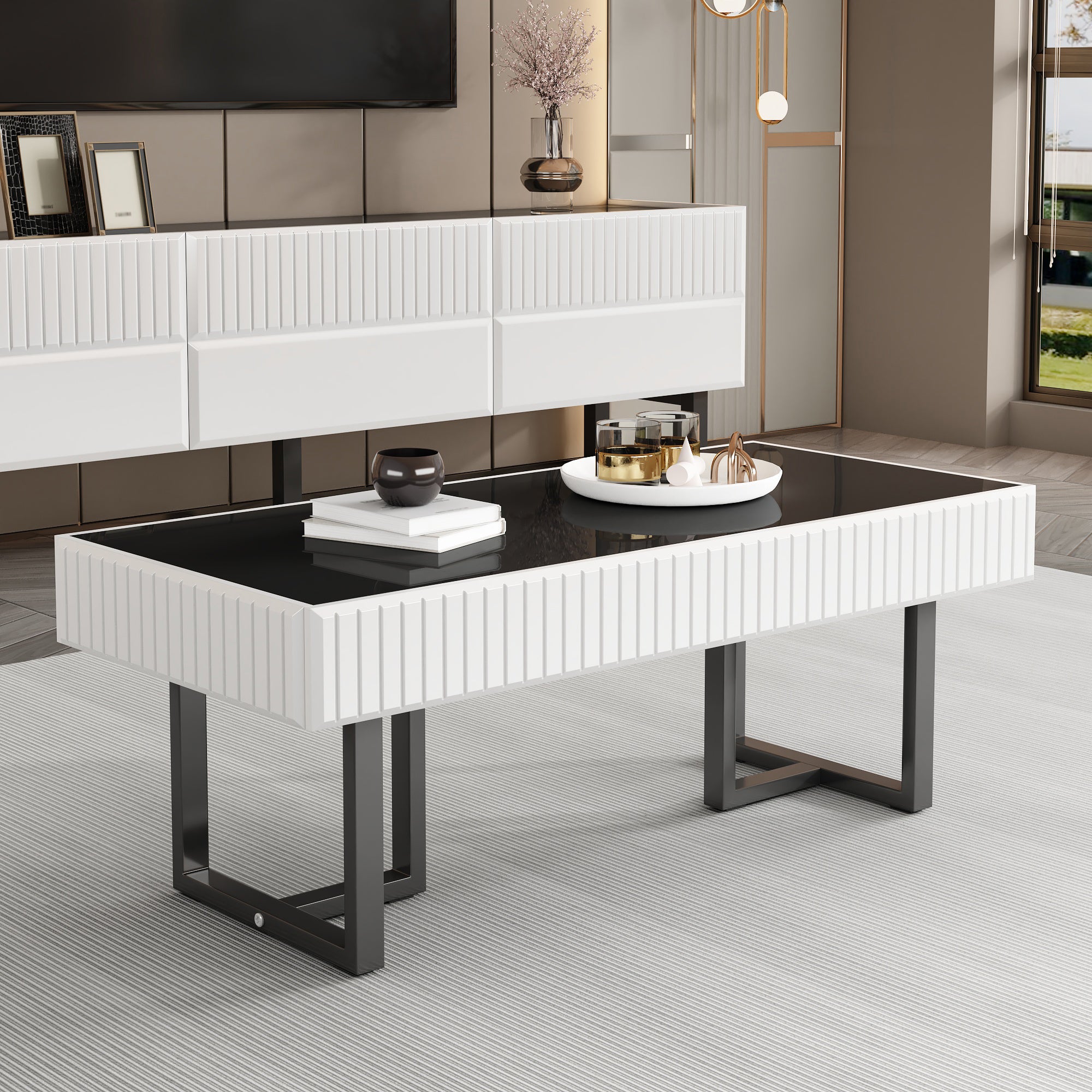 Zestaw mebli RTV 170 x 35 x 47 cm z 3 szufladami i stolikiem kawowym 110 x 50,5 x 41 cm - Płyta wiórowa + MDF - Kolor biały + czarny - 3