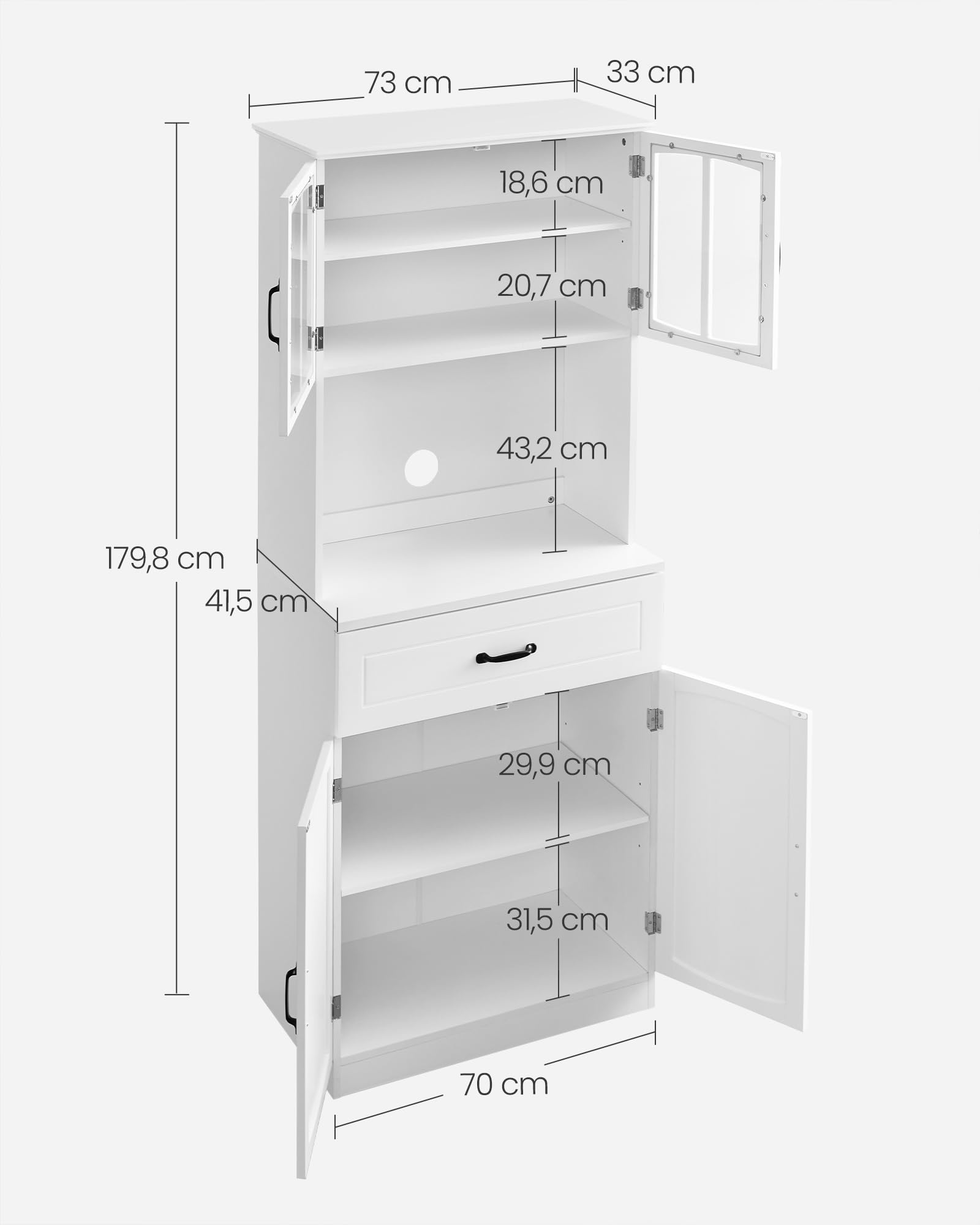 Armario alto de cocina blanco con puertas de cristal y estantes ajustables, cajón, encimera para microondas y cables, estilo moderno - 2