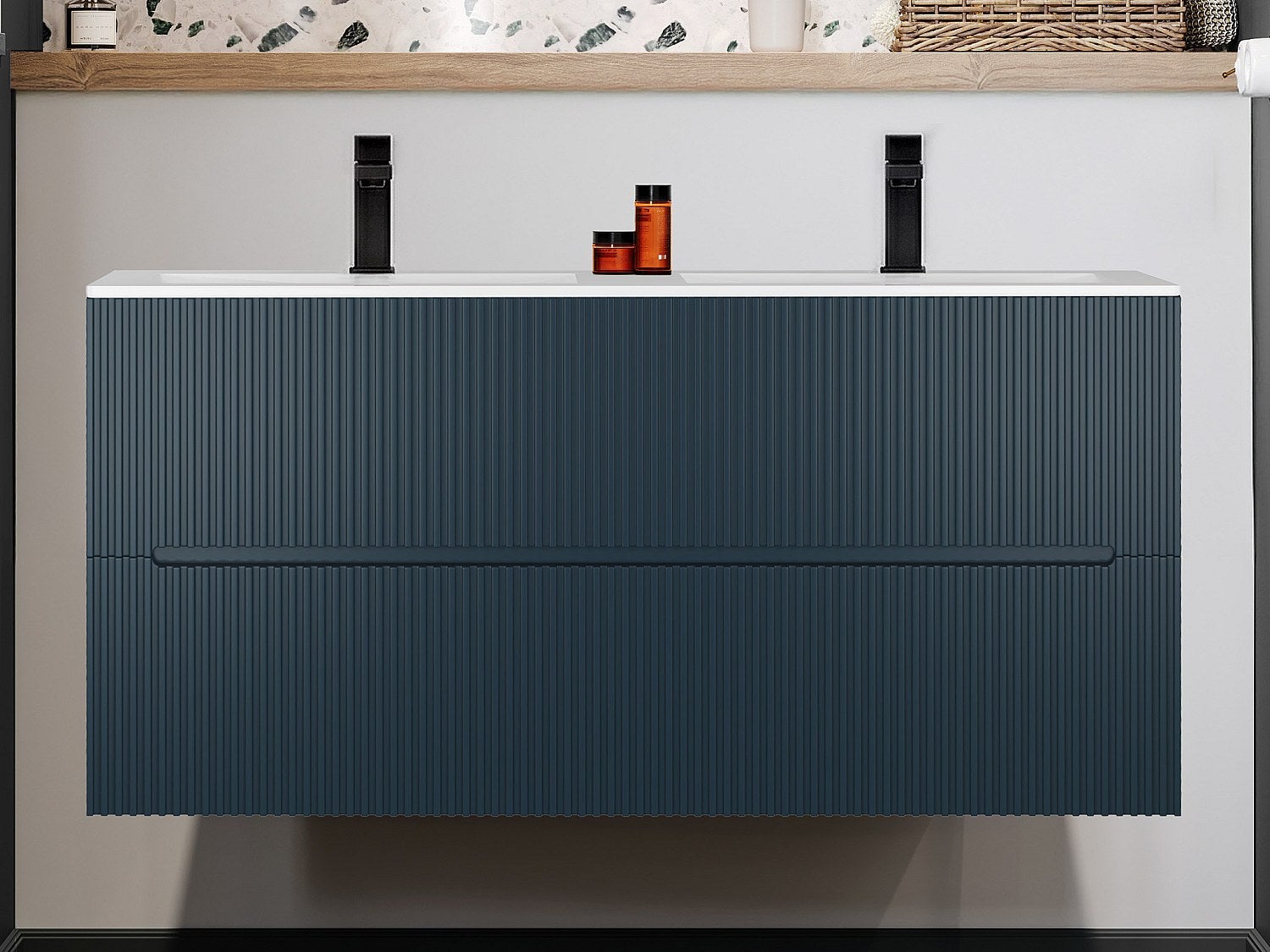 Szafka łazienkowa wisząca z umywalką wpuszczaną w blat - Niebieski ryflowany - 120 cm - PAVANI