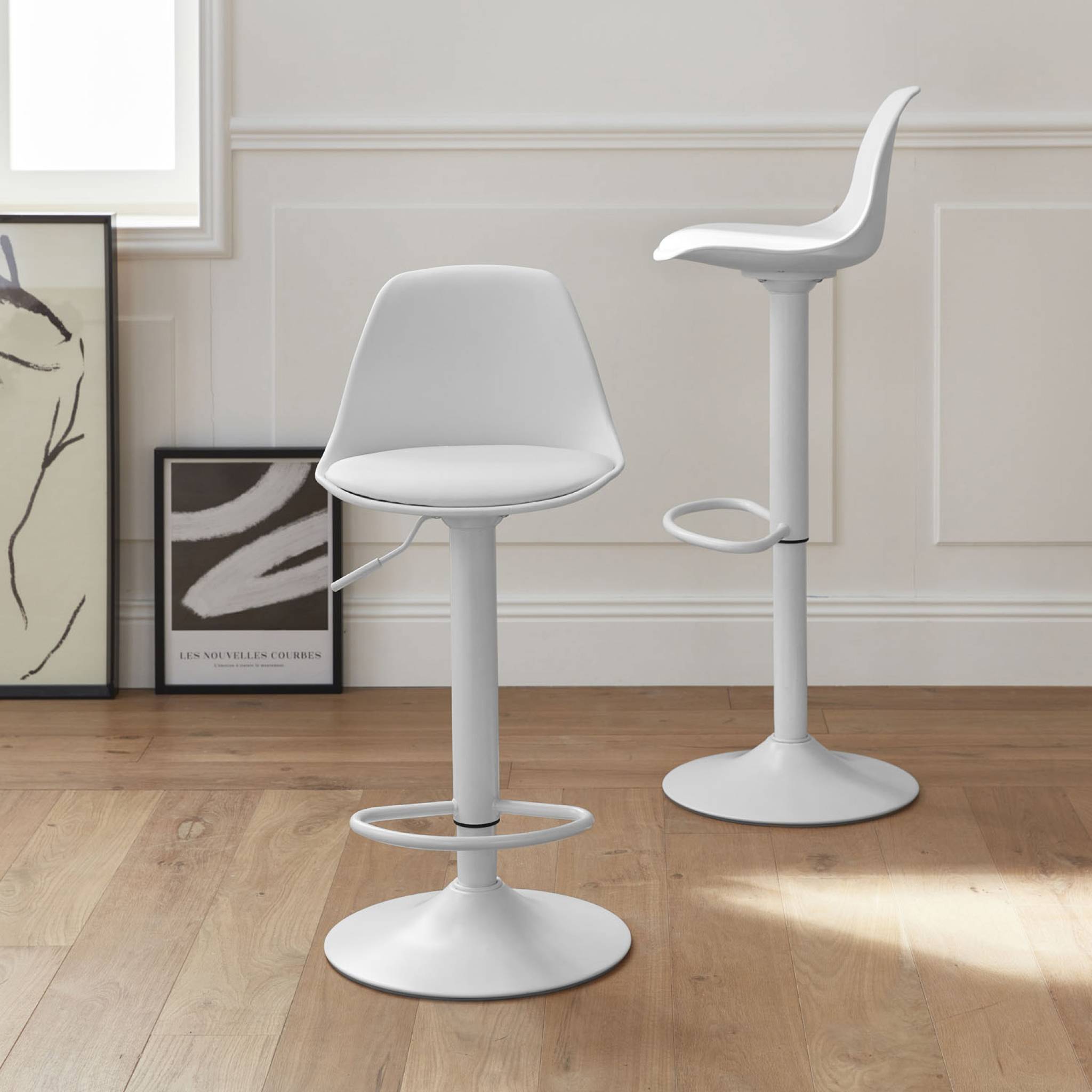 Lot de 2 tabourets de bar réglables 61.5/83.5cm - Noah - simili cuir blanc - hauteur réglable. repose-pieds - 3