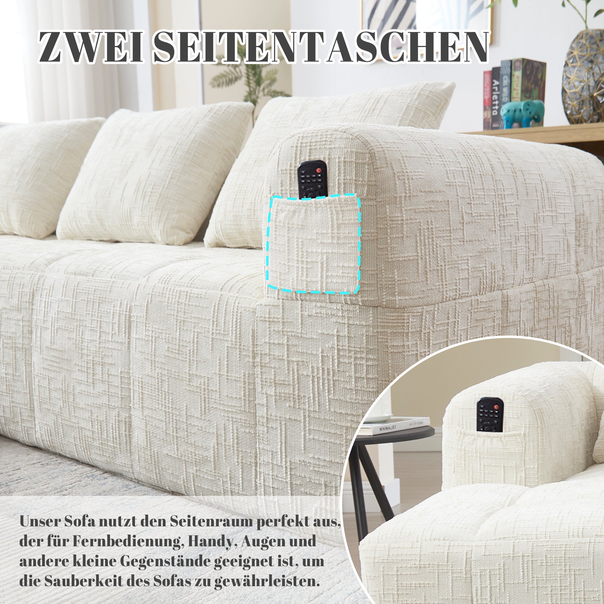 Canapé d'angle 3 places - Style moderne en chenille avec chauffeuse 3 coussins et poche pour télécommande beige - 6