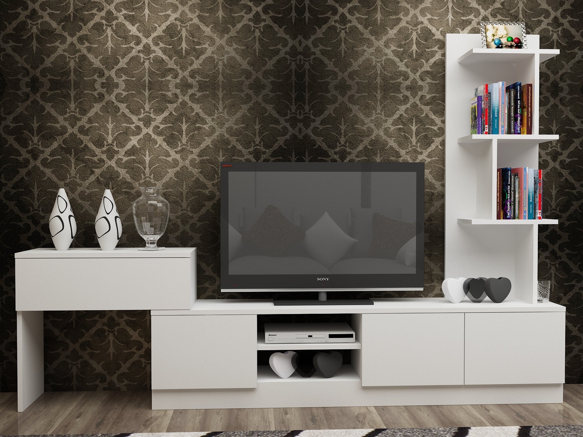 Moderno mueble de tv blanco con diseño de pared, 100% melamina, 120 cm de ancho | incluye mesa auxiliar y armario, perfecto para hogares escandinavos