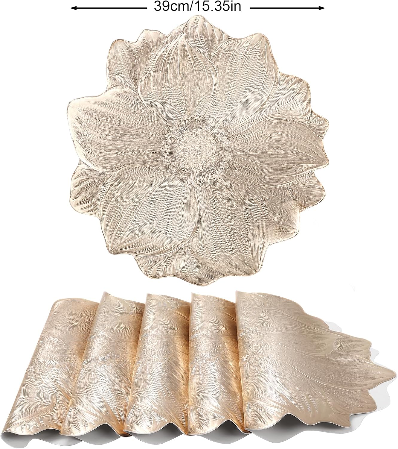 Set de 6 șervețele rotunde din vinil, auriu metalic, cu flori de lotus în relief. Elegante pentru nunți, prânzuri și cine de lux. 6buc
