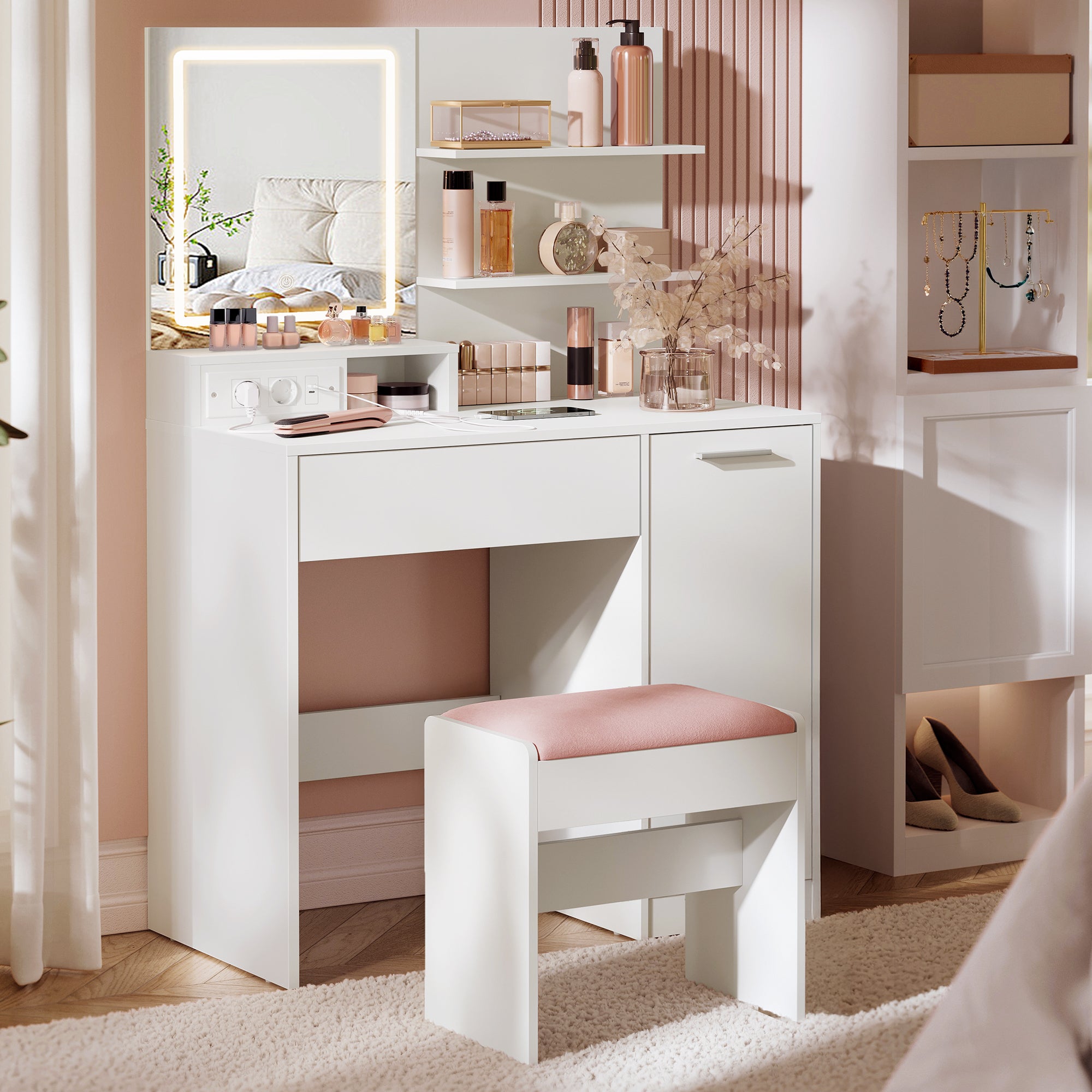 KAILYN Collection - Coiffeuse avec Miroir LED et Tabouret, avec Multiprise, Compartiment avec 2 Étagères Réglables, 1 Tiroir, 2 Étagères, Blanc - 2