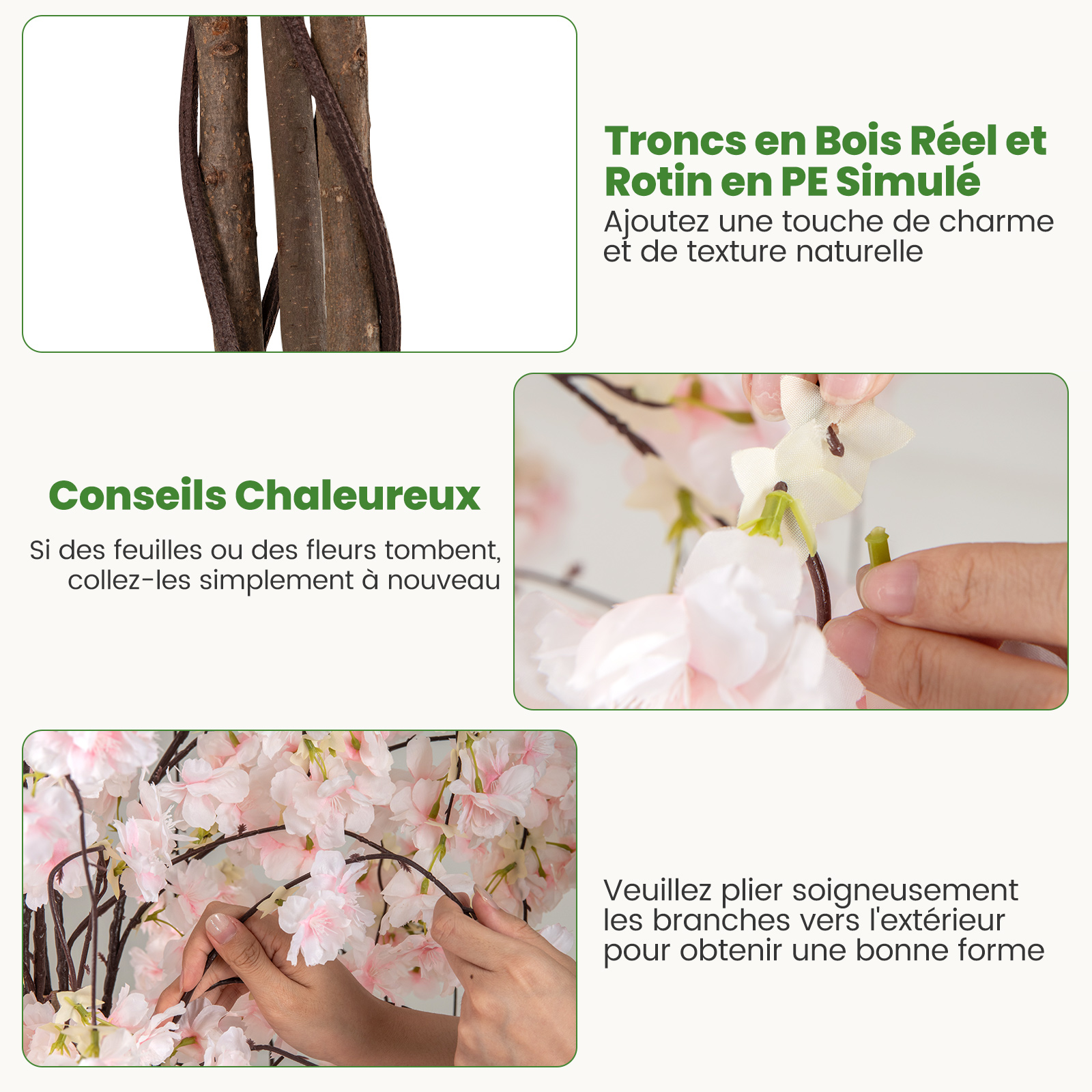 Cerisier Artificiel Réaliste 163 CM, Plante Artificielle en Pot avec Fleurs Roses et Blanches, Arbre Florale Décorative Intérieur Extérieur, Blanc - 9