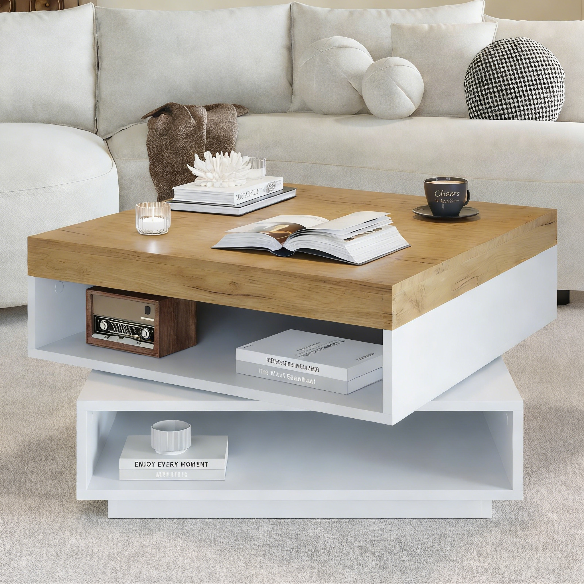 Kwadratowy obrotowy stolik kawowy 65 x 65 x 40 cm - obrotowy blat 360° - oświetlenie LED i schowek - płyta MDF - biały + naturalny