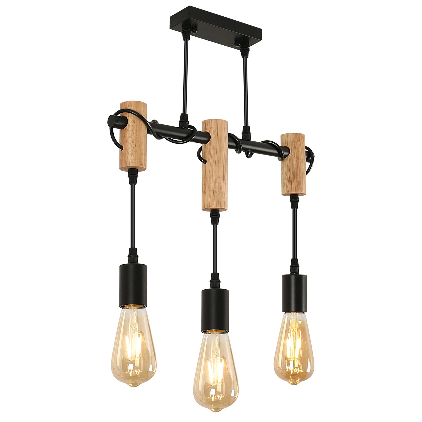 GOECO Lampa Wisząca w Stylu Vintage, Plafon Przemysłowy, Regulowany Żyrandol Drewniany do Jadalni, Salonu, 3 Światła E27 (Żarówka Nie Jest Dołączona)