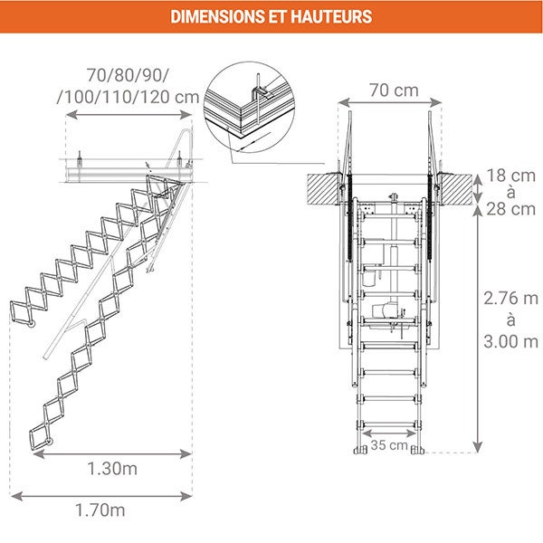 Escalier Grenier Accordéon - Trappe 70x70cm - Hauteur 2.76 à 3.00m - ACI-SVE300/70X70 - 2