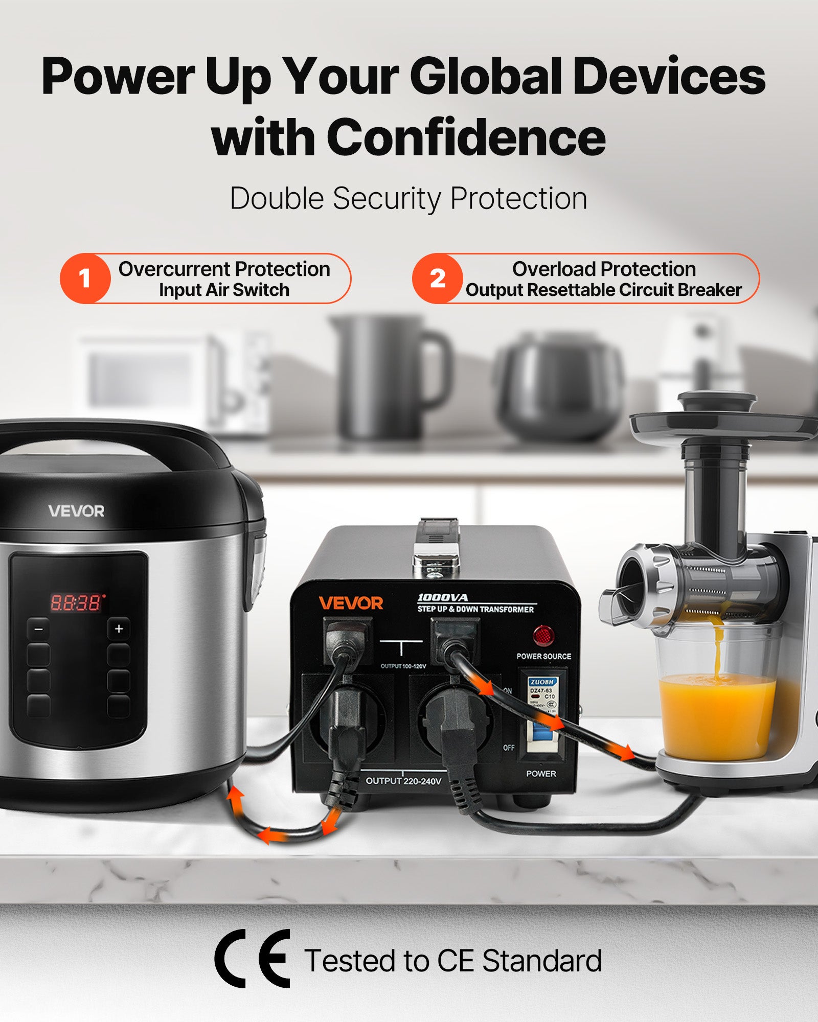 Transformateur VEVOR 220 V à 110 V et 110 V à 220 V, 1000 VA, avec Prises Américaines, Européennes, Cordon d'Alimentation, Protection par Disjoncteur - 3