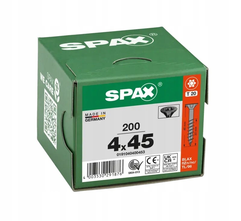 Wkręty do drewna SPAX 4x45mm torx,niepełny gwint,łeb stożkowy,czarne200szt