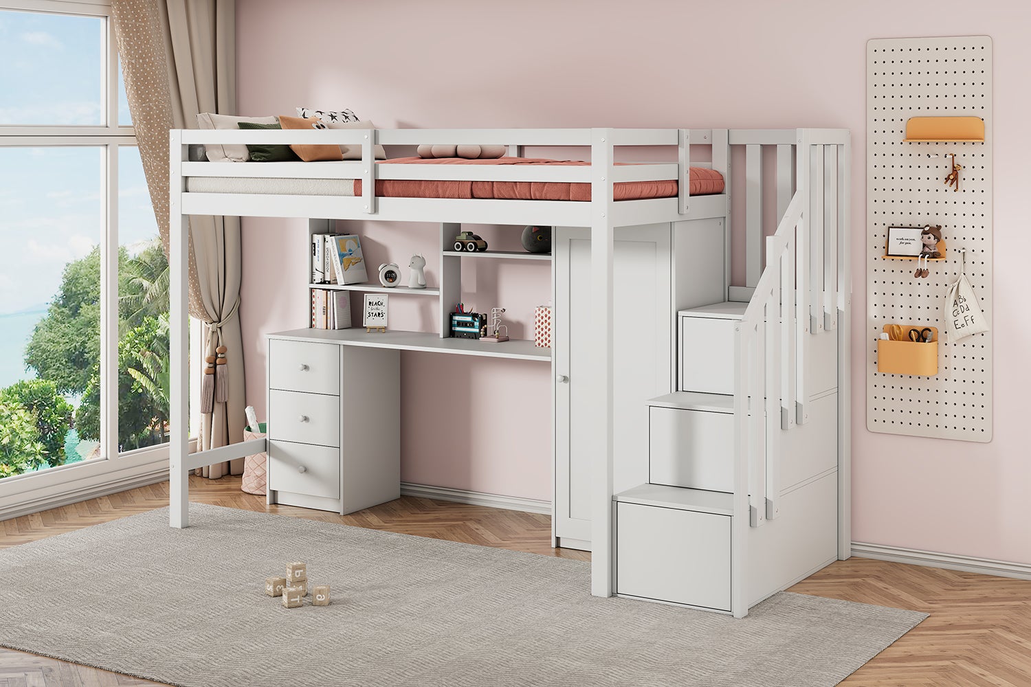 Lit superposé enfant 90 x 200 cm avec bureau, armoire et rangements, escalier sécurisé, bois massif blanc - 3