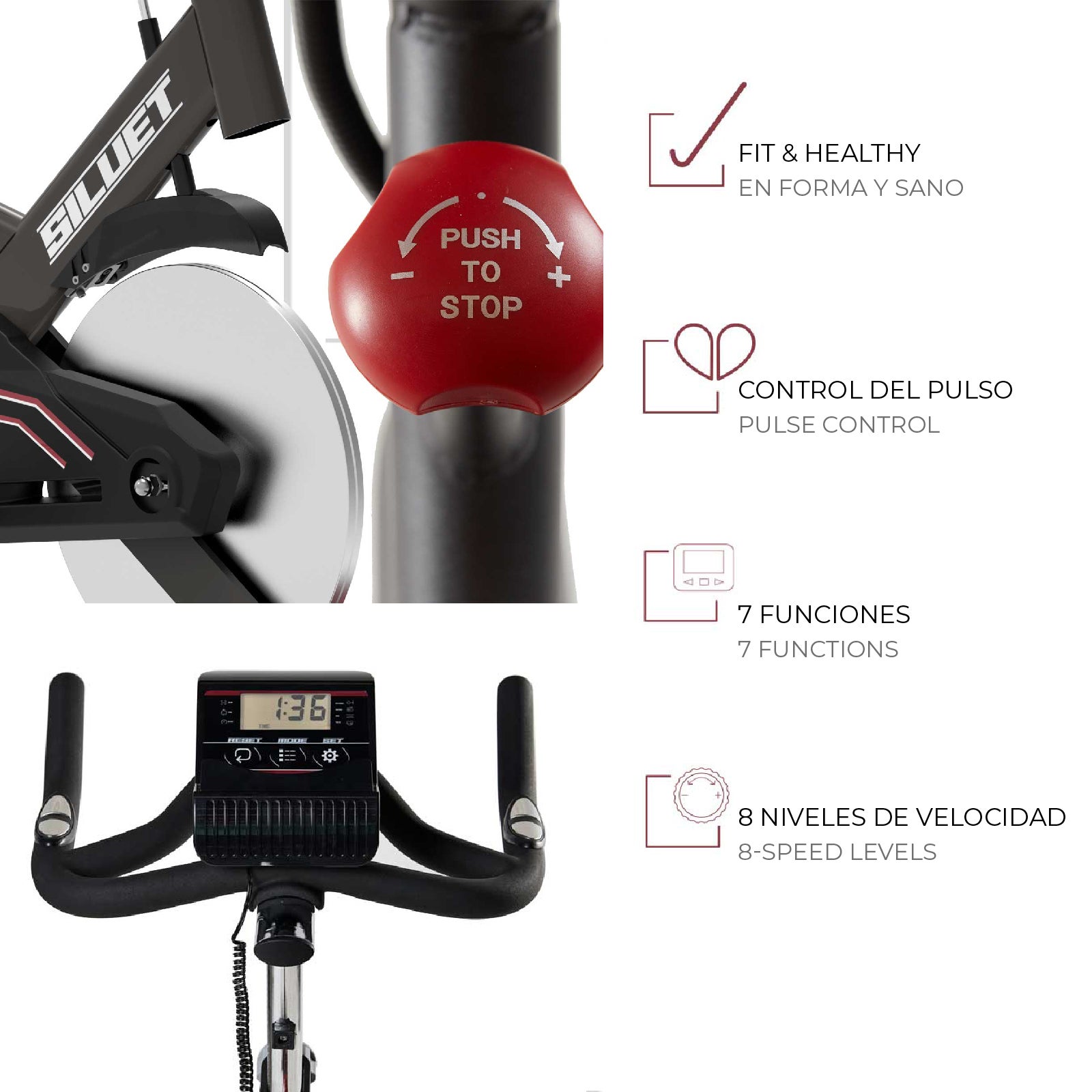 Bicicleta de Ciclo Indoor Siluet S-4S 115x51x119 cm 7 funções, pulsómetro, inércia de 18 kg e resistência regulável - 3