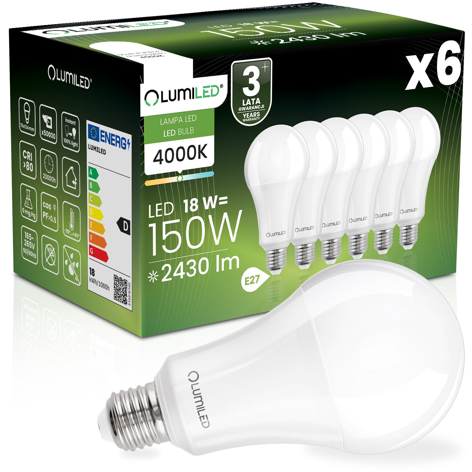 Żarówka LED LUMILED E27 A70 18W 2421lm 4000K Neutralna biel 260st 6 szt.