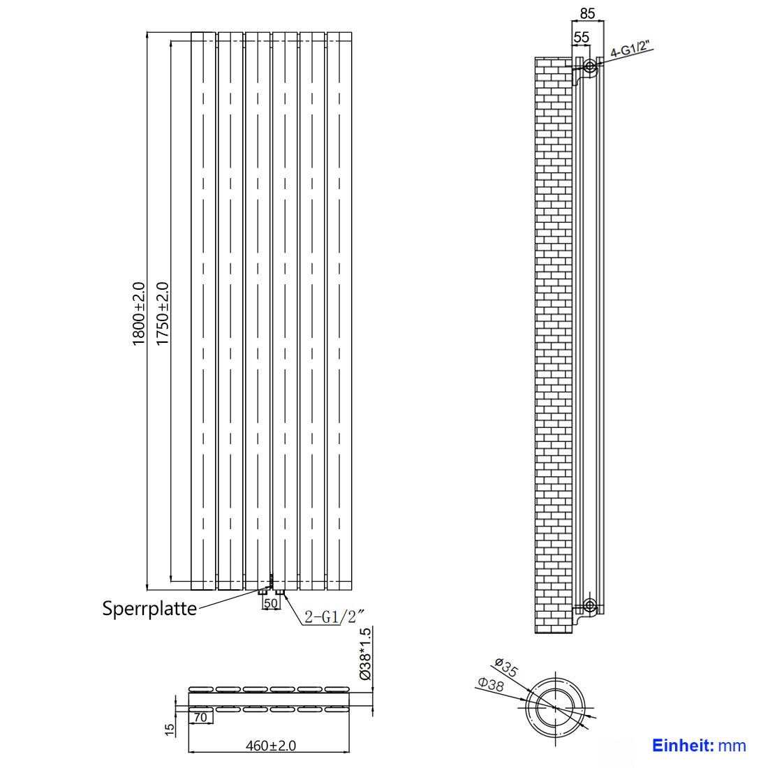 EMKE Radiateur eau chaude en acier 180x45cm 1670W Radiateur plat Double couche connexion centrale Montage mural, Blanc - 6