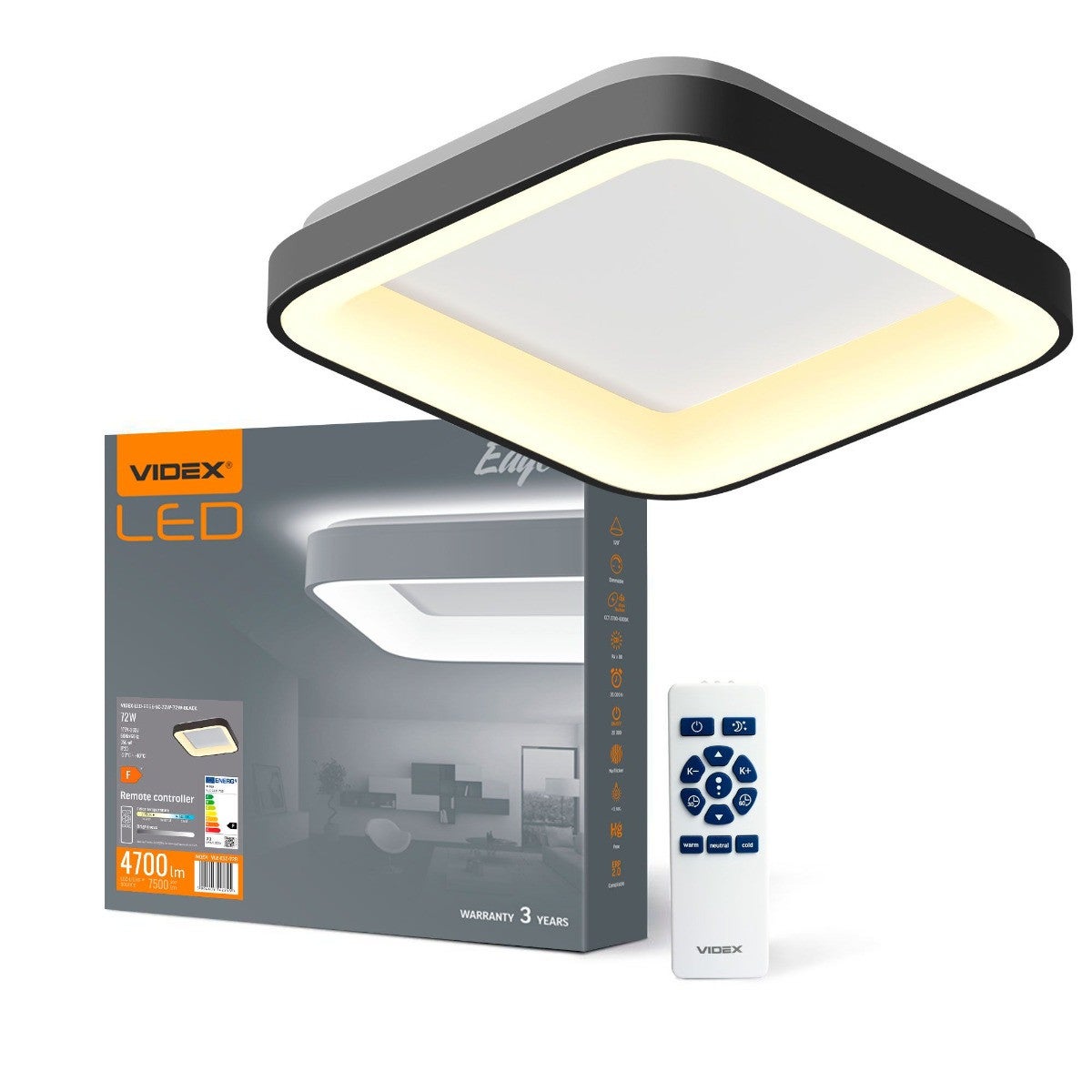Plafon kwadratowy czarno-biały LED 72W z pilotem wym: 8 x 45 cm Videx