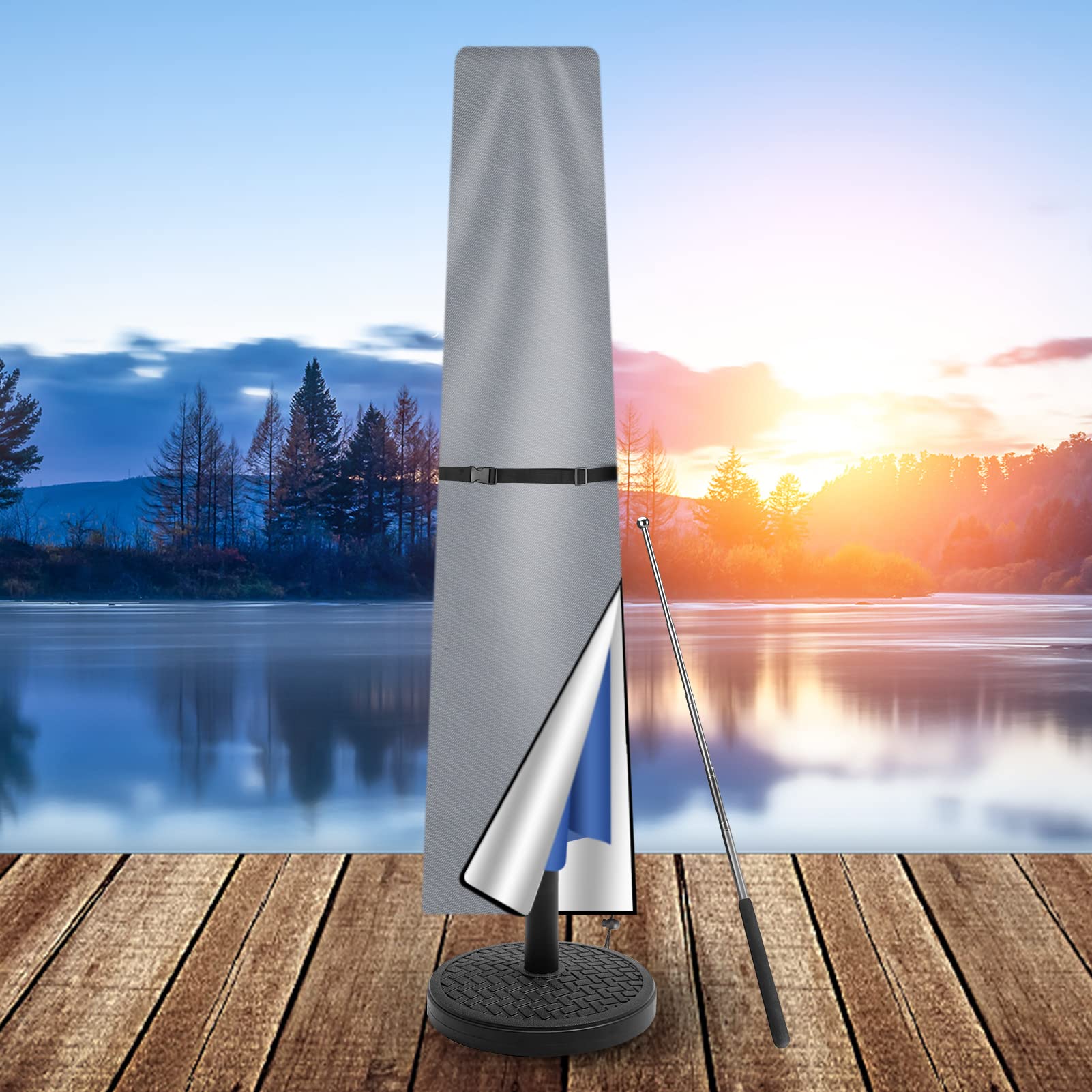 Housse de protection pour parasol de jardin de 2 à 3 m avec fermeture éclair et mât, imperméable et résistante, grise - 7