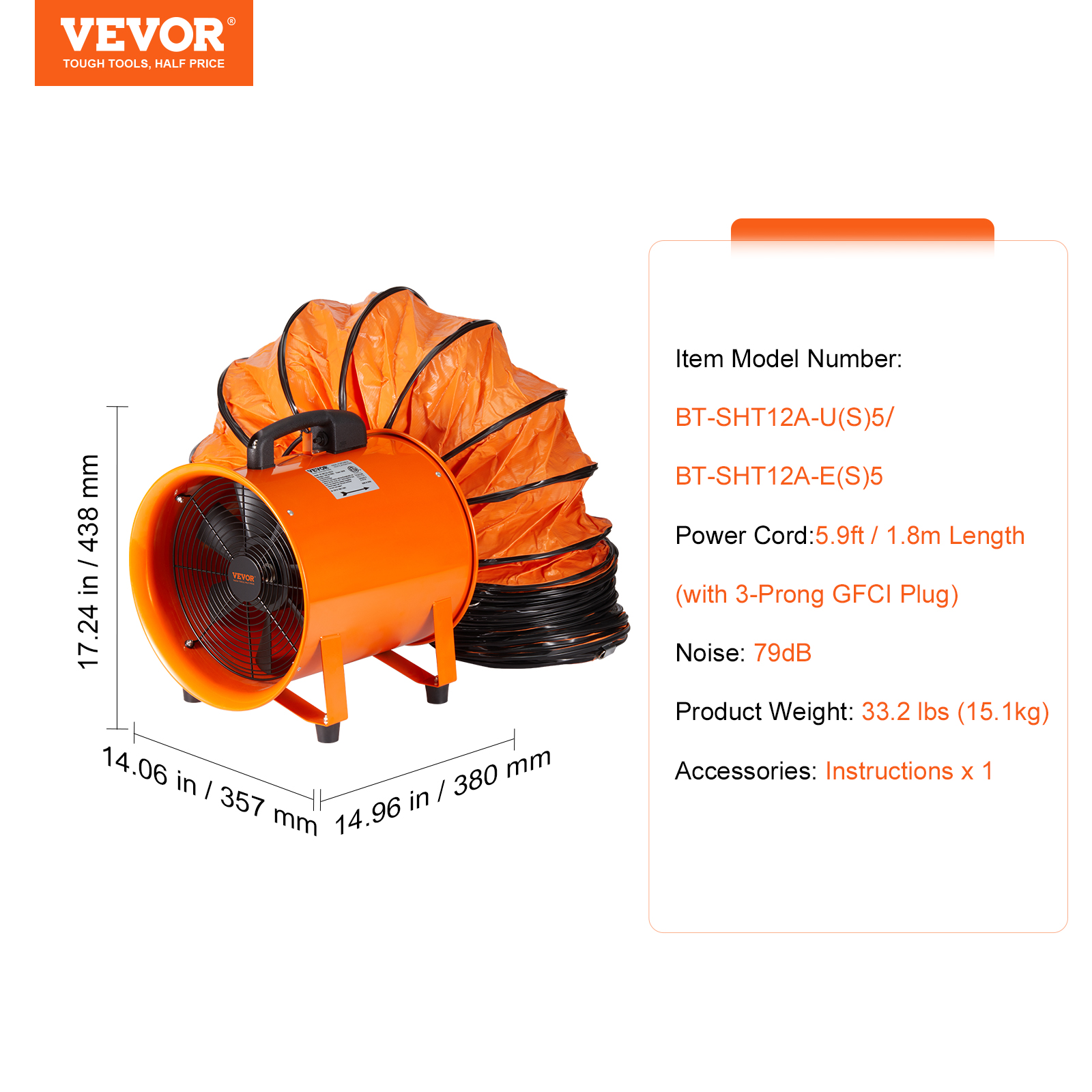 Ventilateur d'Extraction 367 W Extracteur d'Air Conduit Industriel 304,8 mm Tuyau d'Extraction 5 m Volume d'Air 4373 m Ventilateur d'Évacuation VEVOR - 7