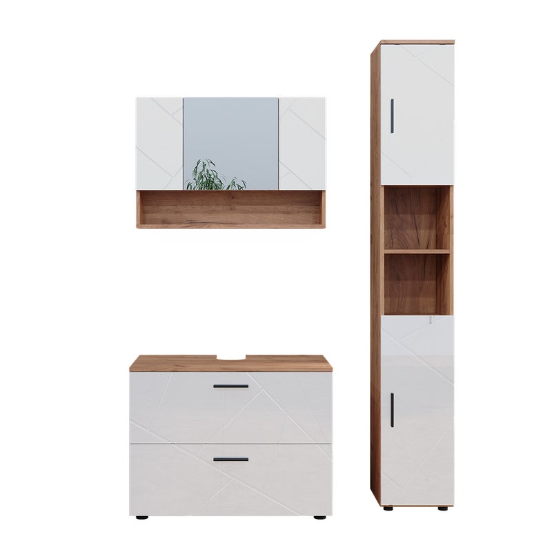 Vicco Zestaw mebli łazienkowych Irma, Biały wysoki połysk/złoty dąb power, 3 części, z szafką dolną 80 cm