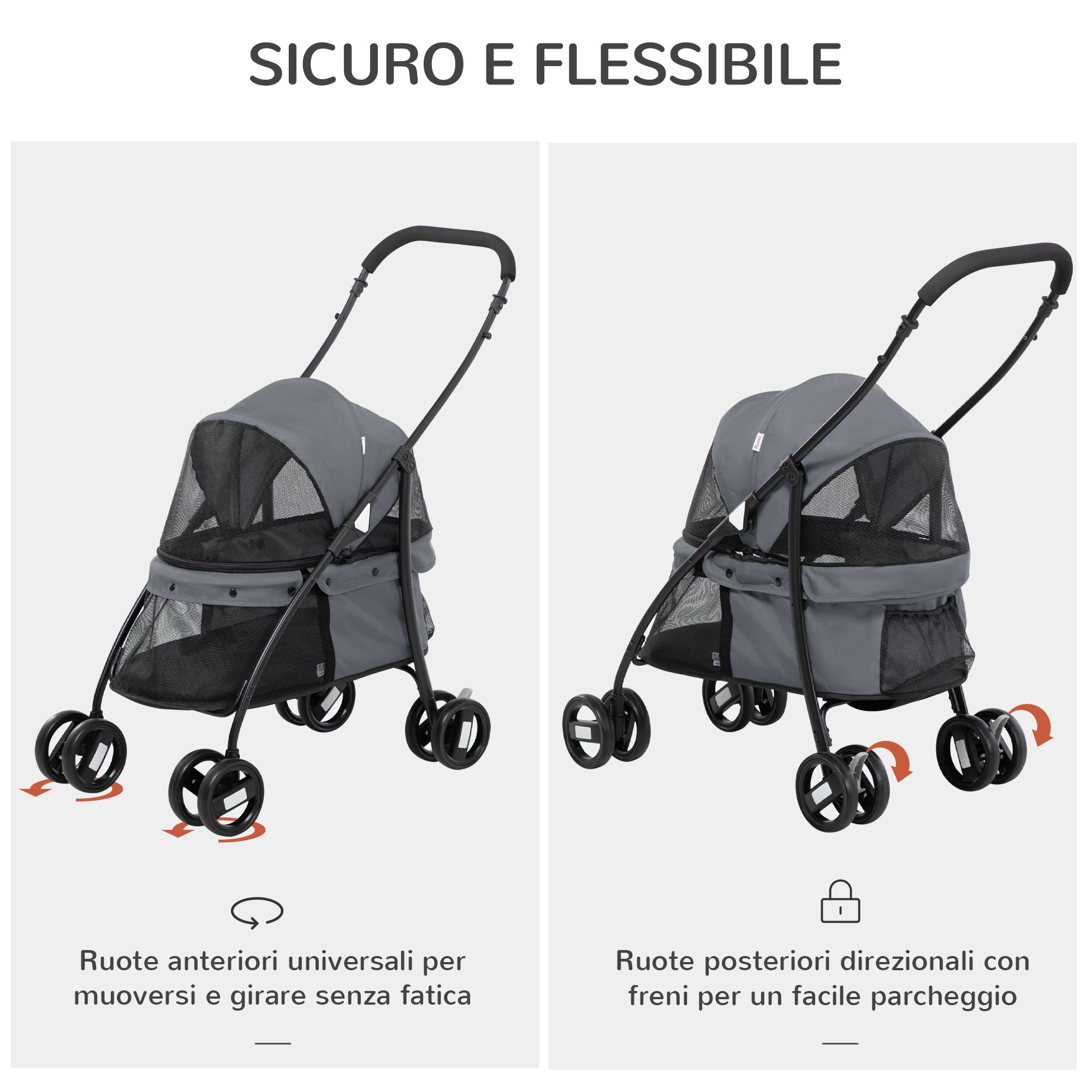 Carrinho cão dobrável teto ajustável bolsa 2 guias 82x47x97cm cinza - 7