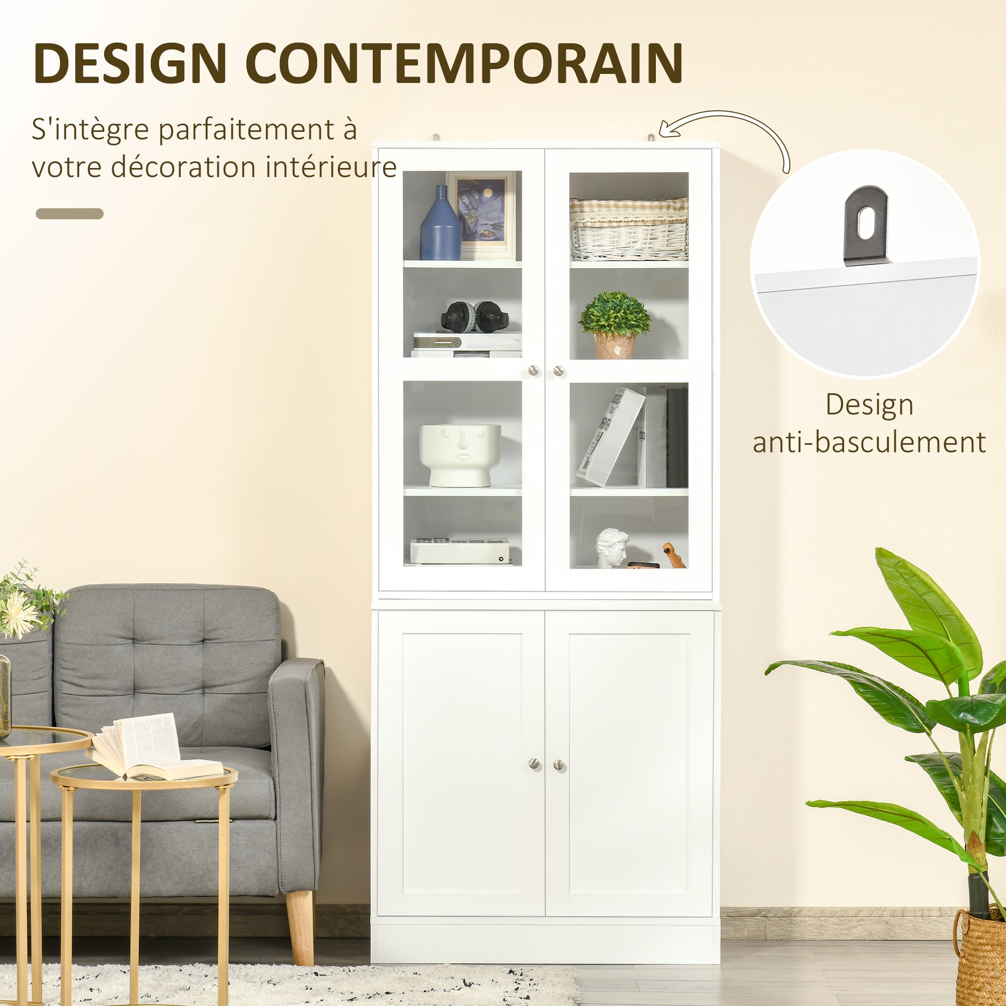 Bibliothèque vitrine, buffet salon, meuble de rangement avec 2 portes verre, 2 portes bois, 4 étagères réglables, pour salon, bureau, chambre, blanc - 5