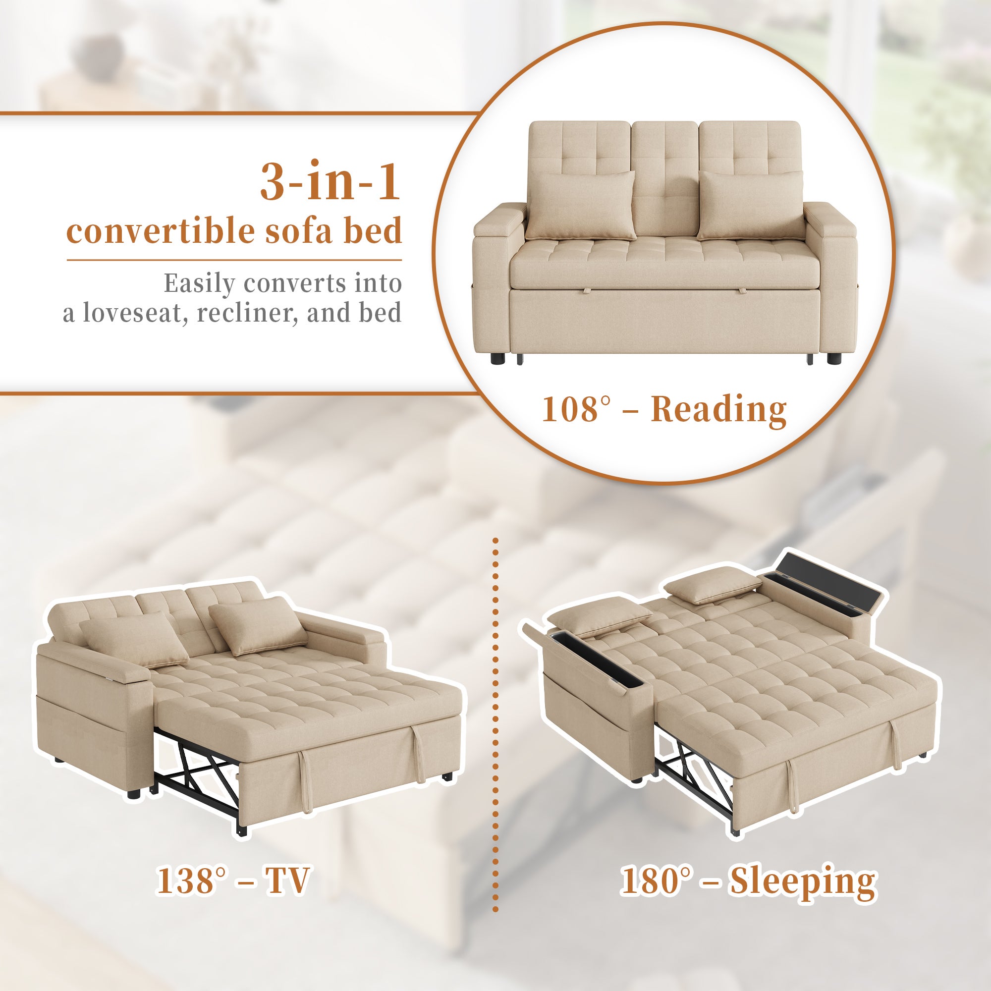 Canapé convertible 2 places avec rangement et dossier réglable, canapé pliant - 159 x 142.5 x 92 cm - Tissu en coton-lin - Beige - 4