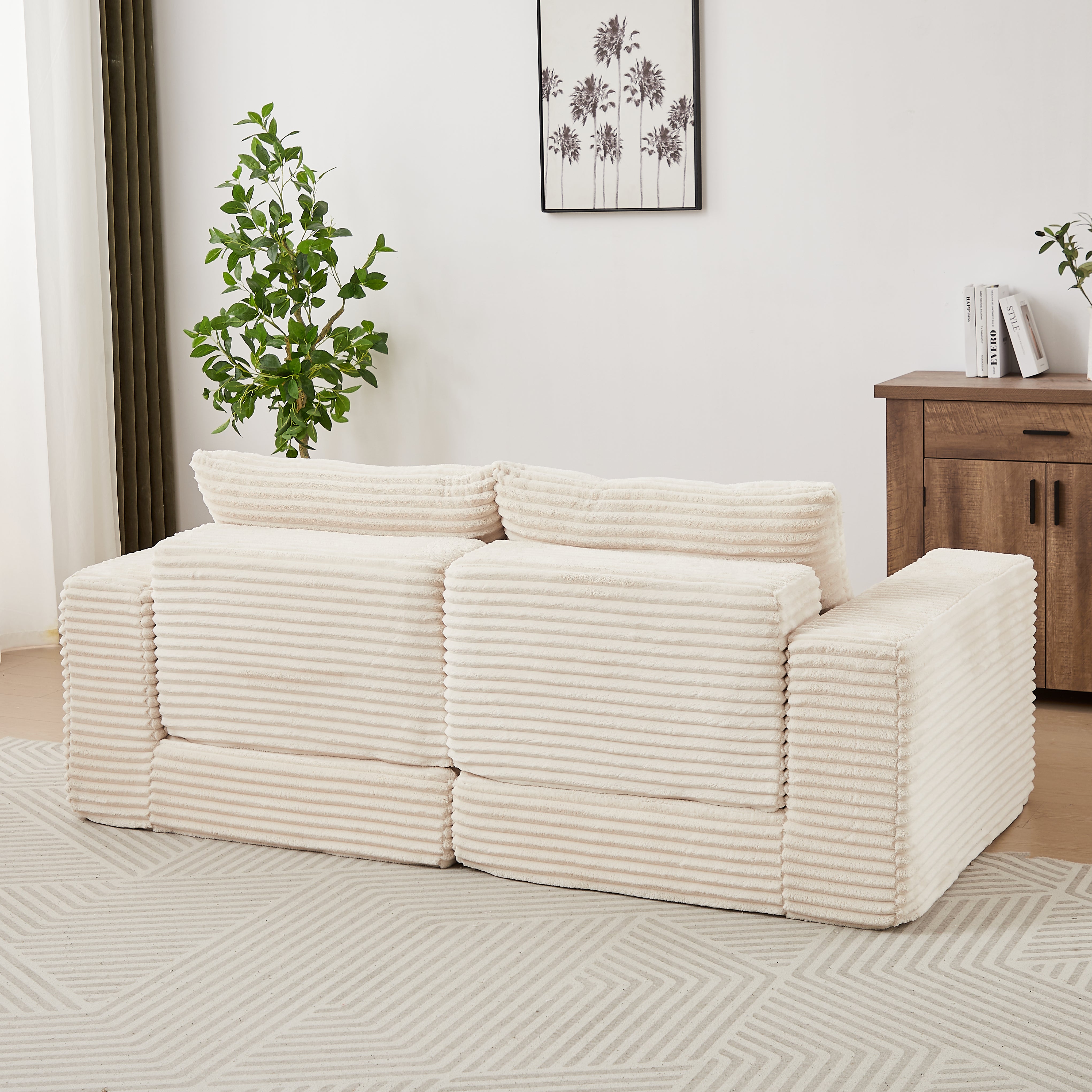 Canapé convertible en velours côtelé, modules combinables et repose-pieds amovible, convient pour salon, beige - 2