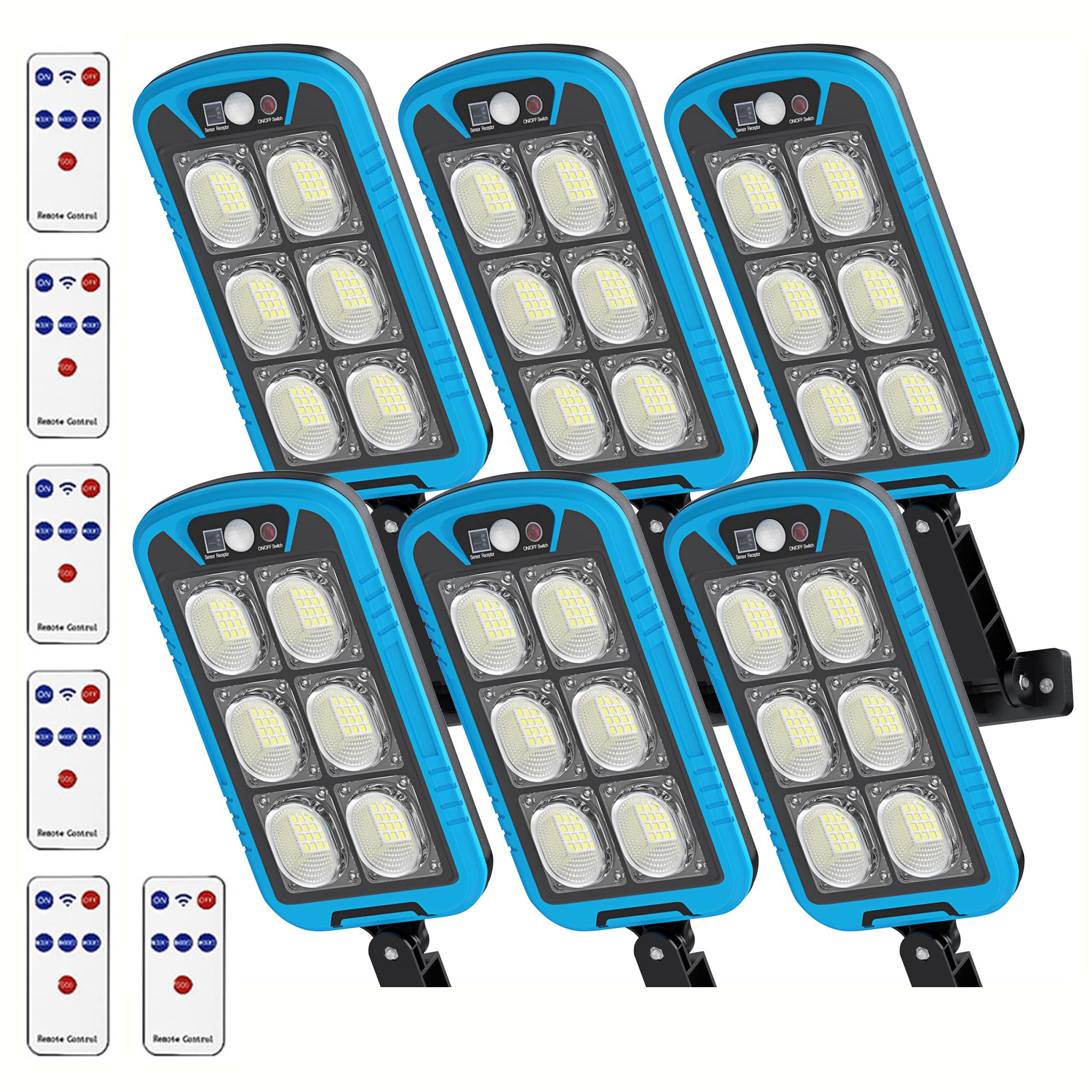 Paquete de 6 luces solares led cob para exteriores, luz de seguridad ip65, luz solar con sensor de movimiento y luz de pared con control remoto, azul