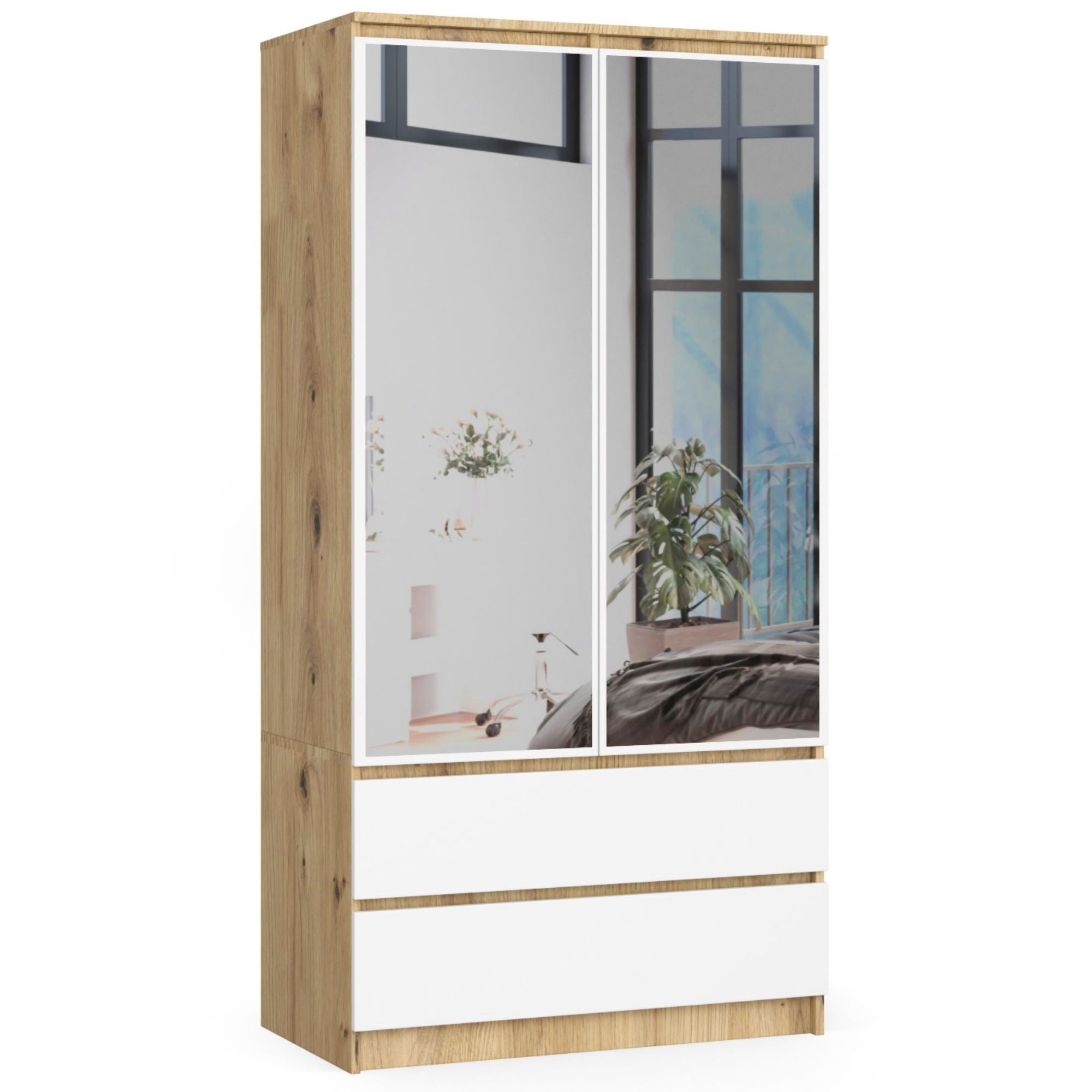Szafa AKORD S90 Dąb Artisan 90 cm z lustrem 2 drzwi 2 szuflady kolor Biały mat 4 półki 90x51x180 cm