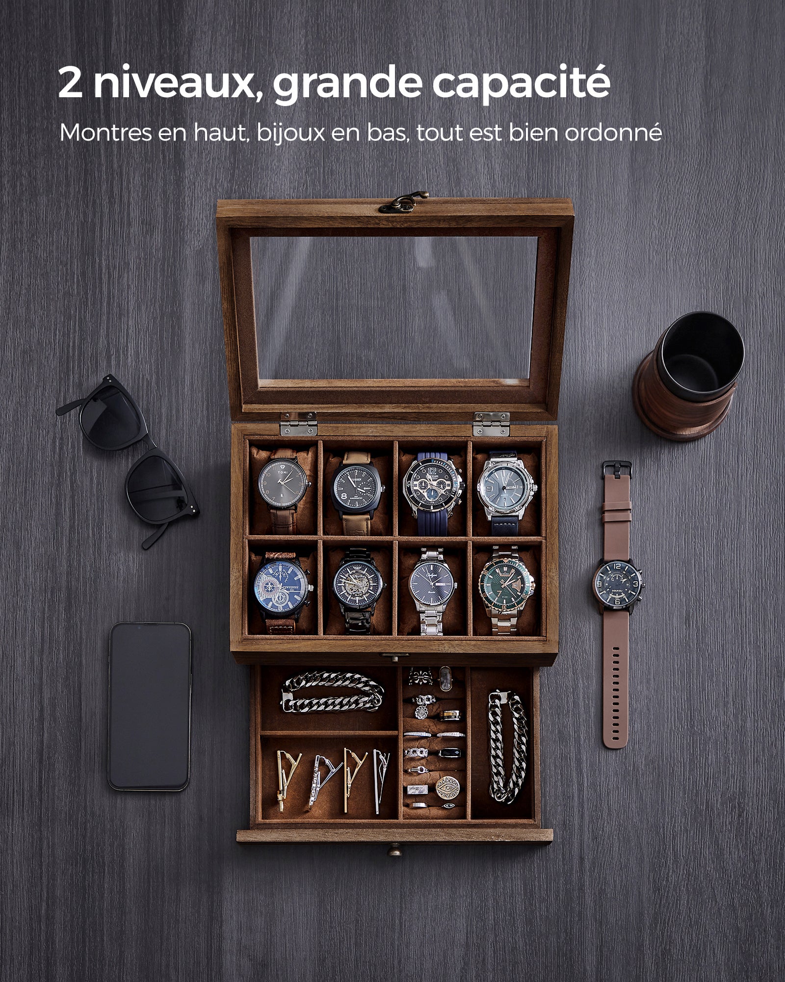 Boîte à Montres 8 emplacements, Écrin à Montres en Bois, avec Couvercle en Verre, Couleur Boisée Rustique - 3