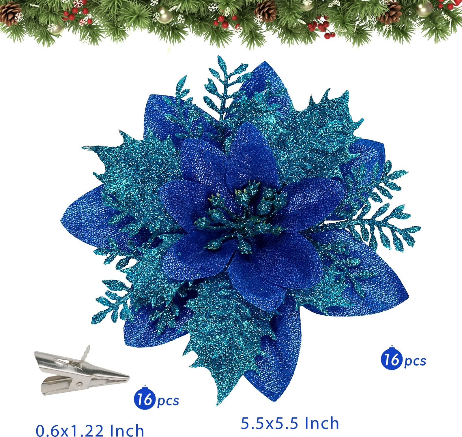 Lot de 10 décorations de Noël, fleurs artificielles scintillantes avec clips, décorations pour sapin de Noël, pendentifs de fleurs artificielles - 4