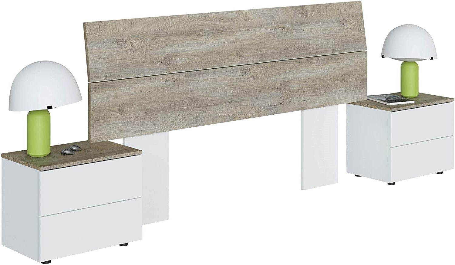 Mobelcenter - Cabezal Matrimonio y 2 Mesitas de Noche Aikos – Color Blanco Artik y Roble Alaska – Ancho: 276 cm x Fondo: 34 cm x Alto: 96 cm - (1172) - 4