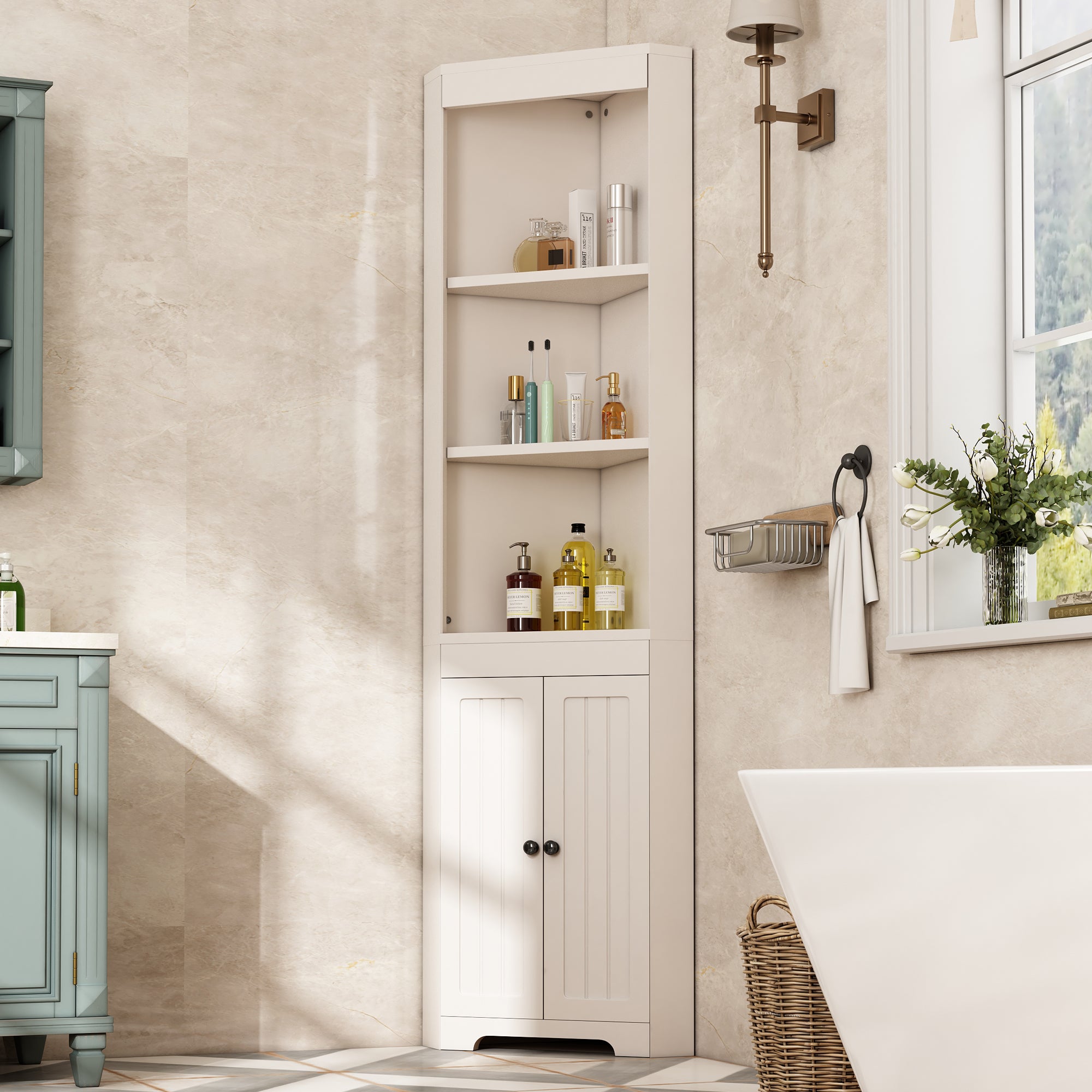Mueble de baño esquinero - 2 puertas y 3 compartimentos abiertos - Madera MDF - Blanco - 2