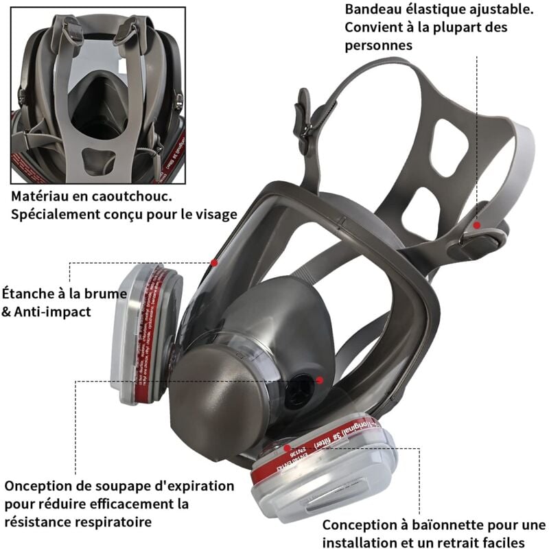 Respirateur facial complet réutilisable – Protection contre particules,poussière,produits chimiques – 10 filtres + 5 gants inclus - 2