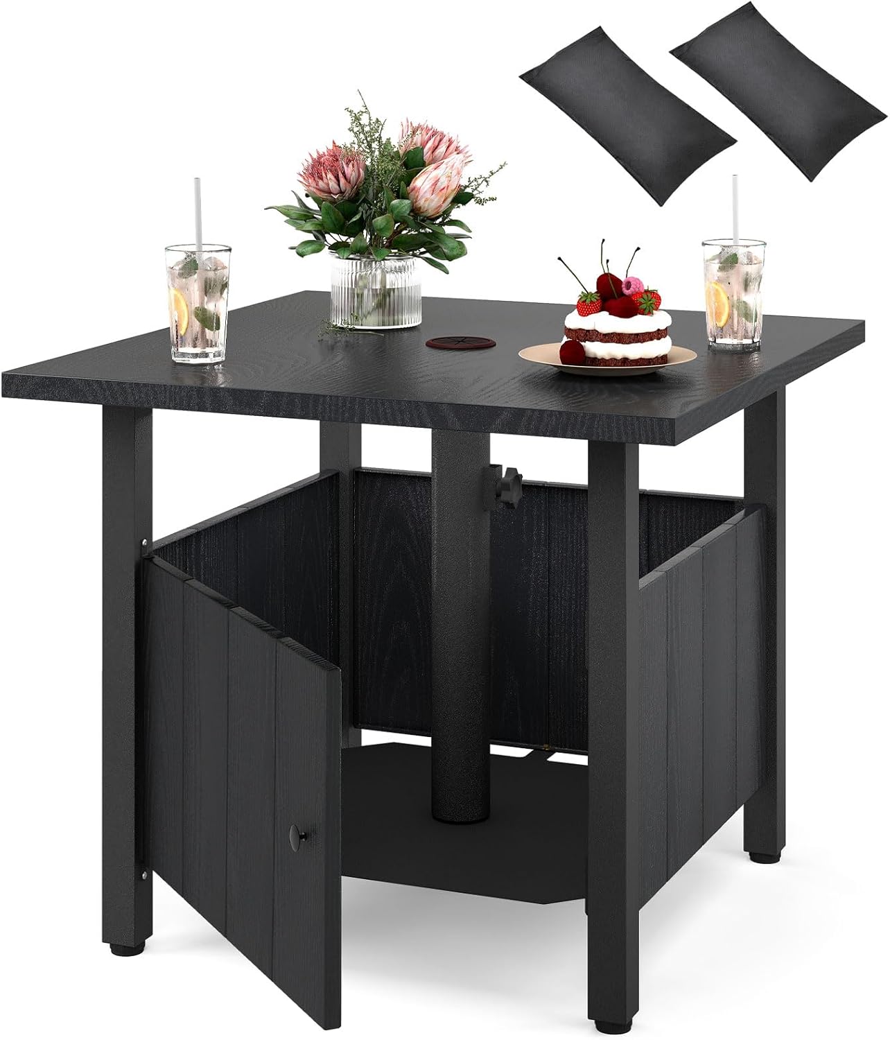 Stół Ogrodowy z Otworem na Parasol o Średnicy 4,8 cm, Stół Kwadratowy z 2 Workami z Piaskiem, Regulowanymi Podkładkami pod Nogi i Schowkiem, Czarny