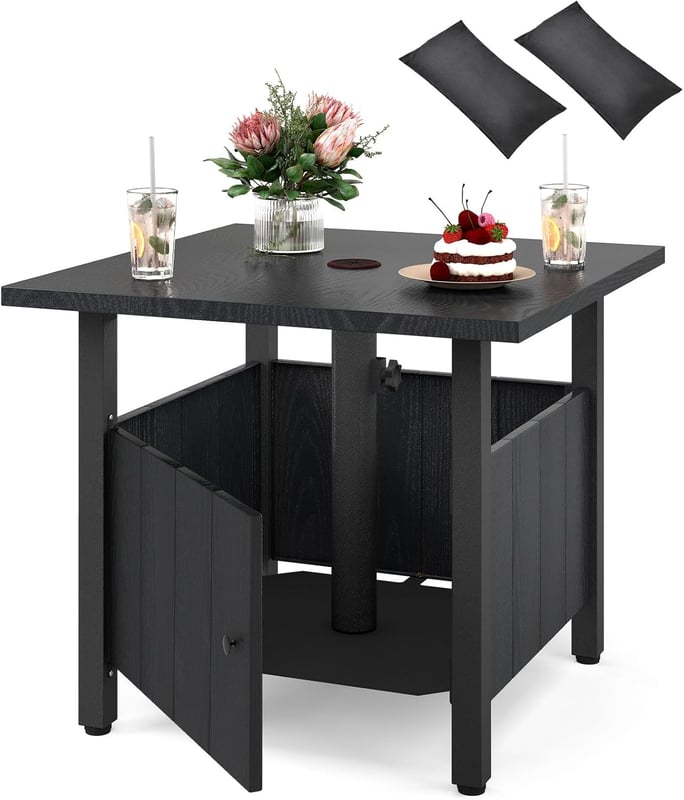 Stół Ogrodowy z Otworem na Parasol o Średnicy 4,8 cm, Stół Kwadratowy z 2 Workami z Piaskiem, Regulowanymi Podkładkami pod Nogi i Schowkiem, Czarny